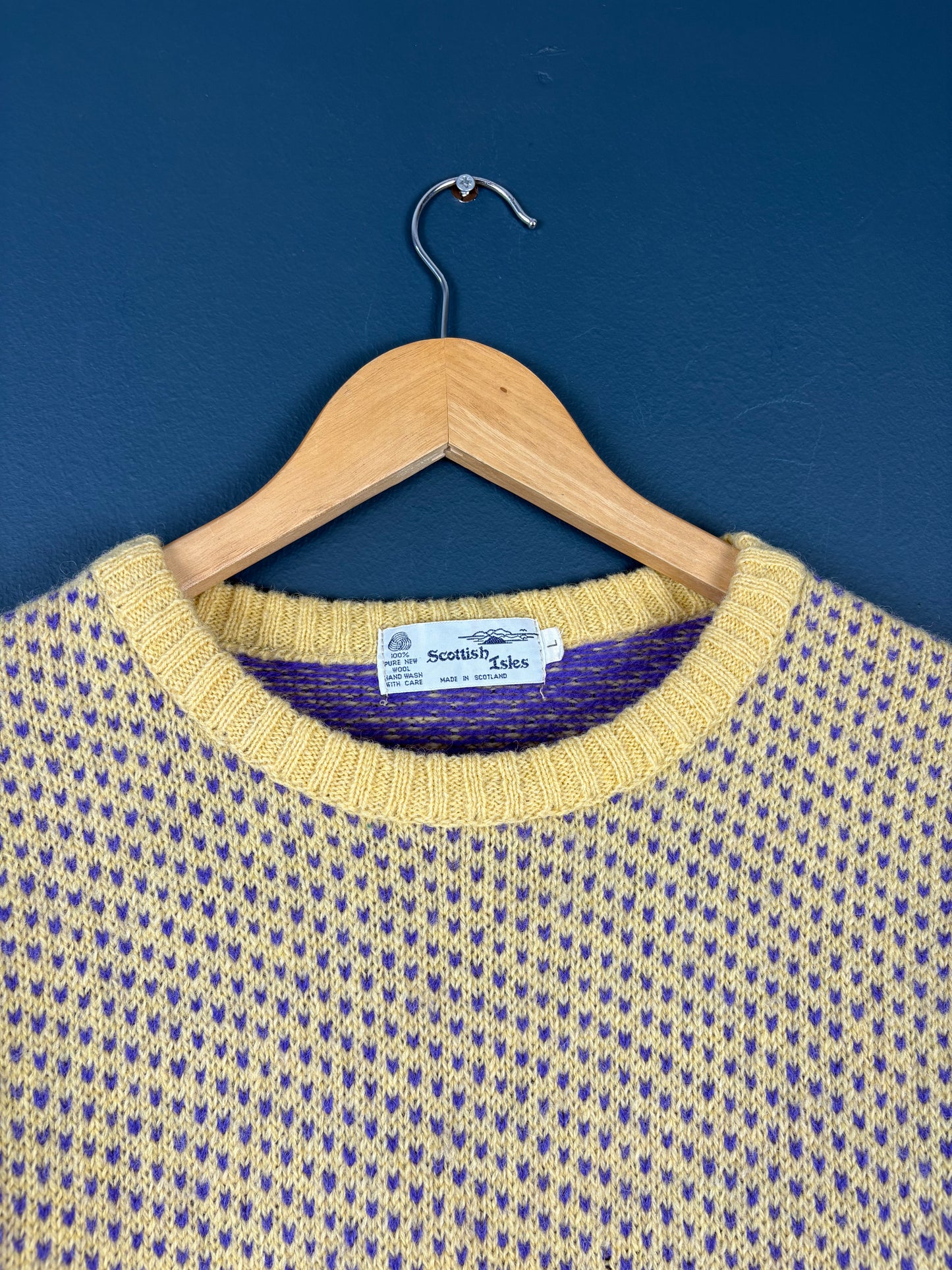 Vintage Scottish 80s Yellow Patterned Wool Jumper (L)