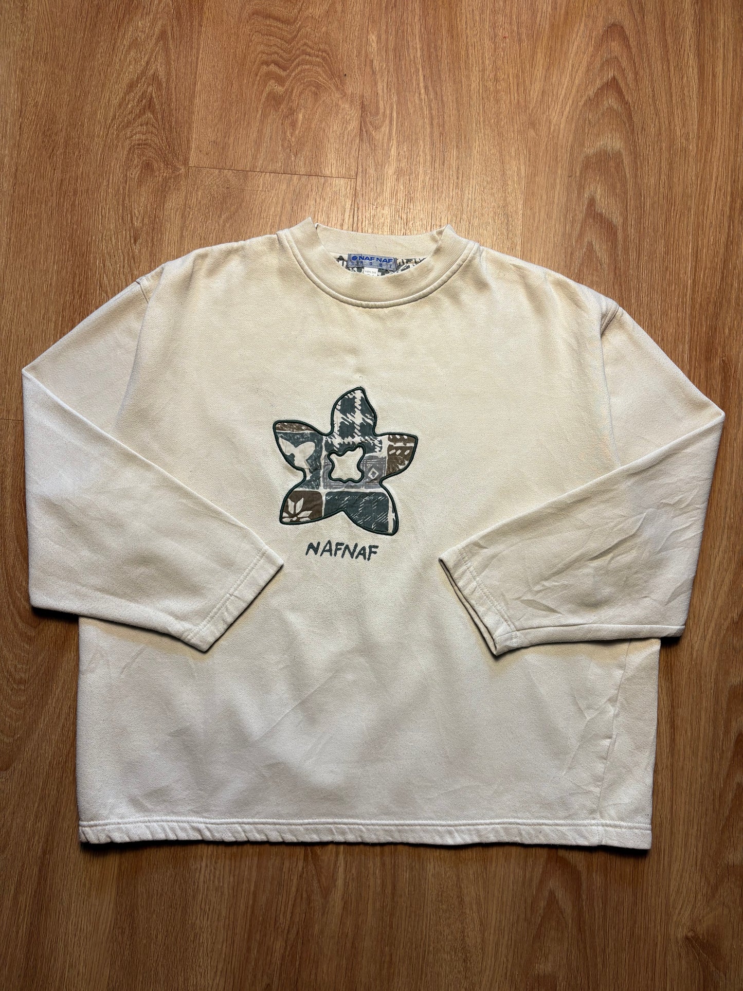 Vintage NAF NAF Embroidered Spellout Cream Sweatshirt (L)
