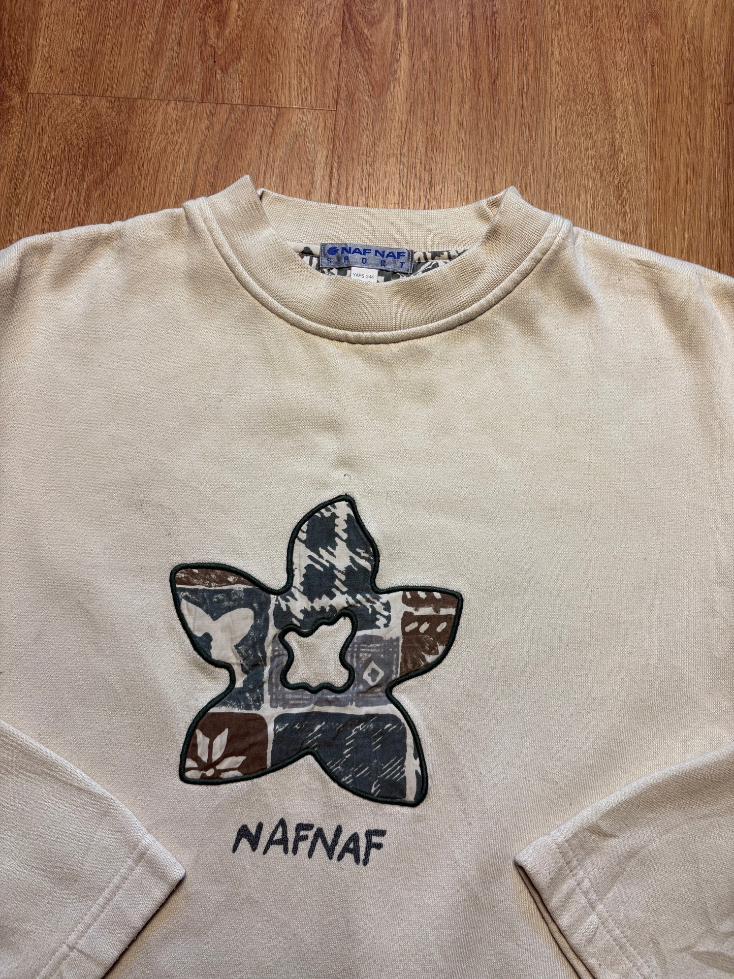 Vintage NAF NAF Embroidered Spellout Cream Sweatshirt (L)