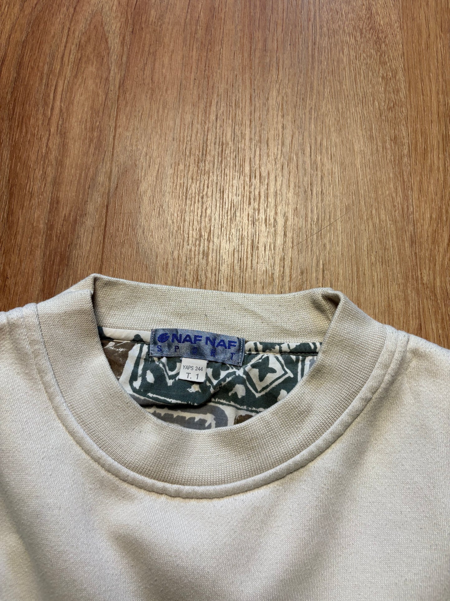 Vintage NAF NAF Embroidered Spellout Cream Sweatshirt (L)