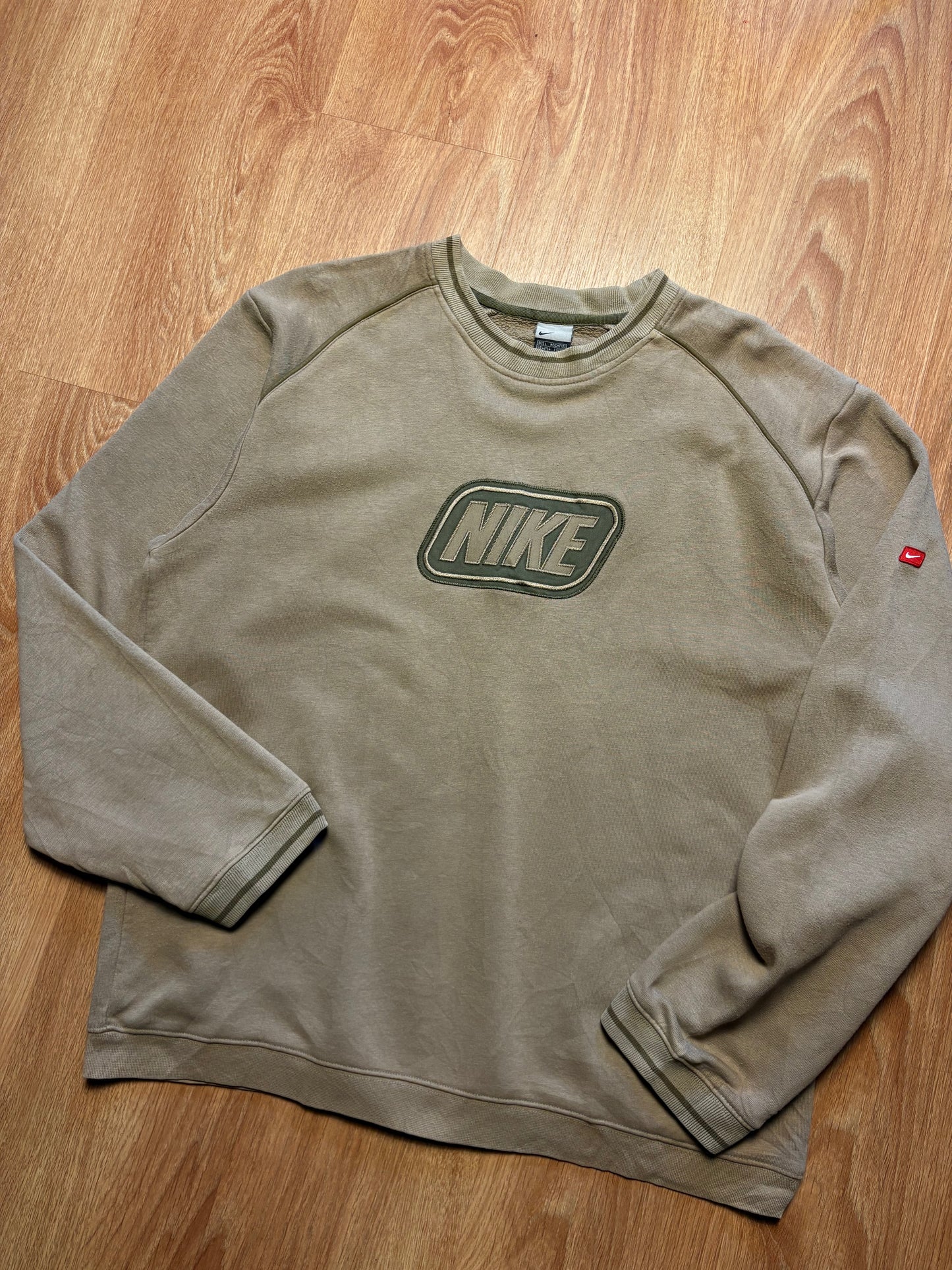 Vintage Nike Embroidered Spellout Khaki Green Sweatshirt (L)