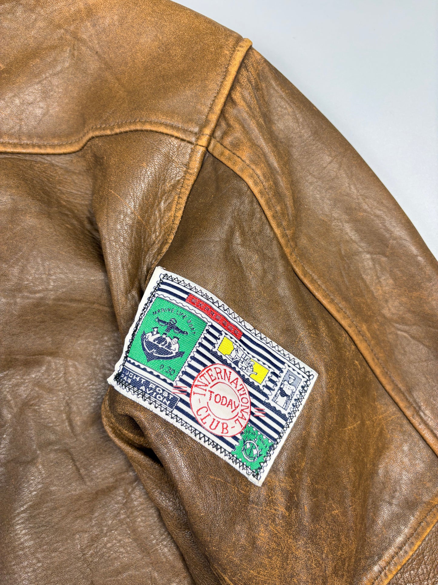 Vintage 1990s Global Identity Patched Aviation Leather Jacket (M)