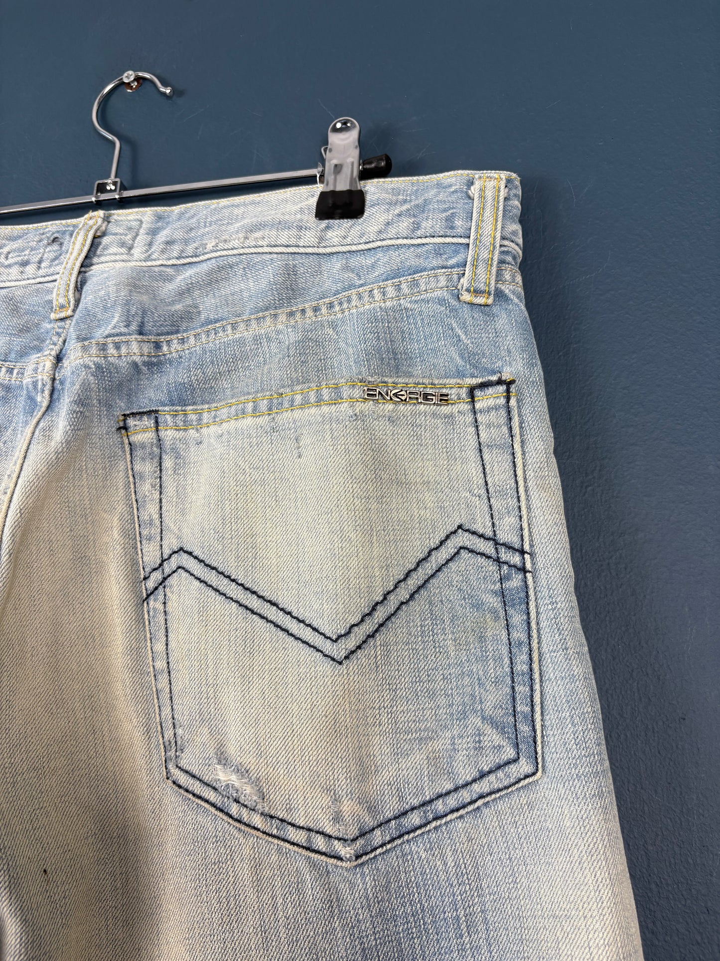 Vintage Energie Distress Repair Light Wash Denim Jeans (32x34)