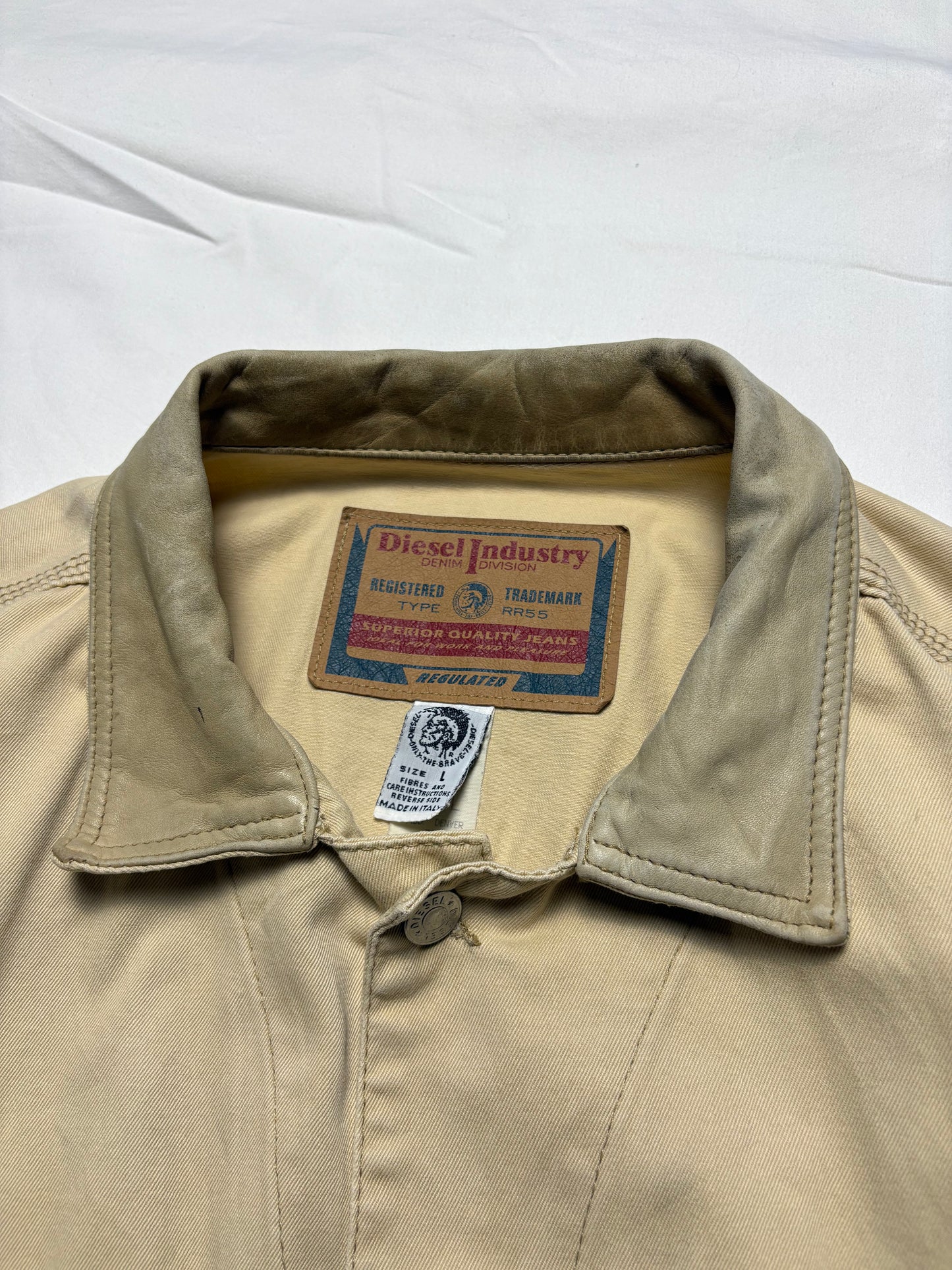 Vintage Diesel Industry Beige Leather + Canvas Trucker Jacket (L)