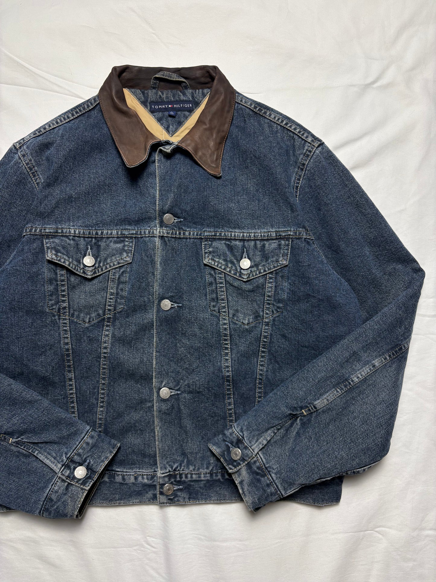 Vintage Tommy Hilfiger Dark Denim Leather Collar Jacket (L)9