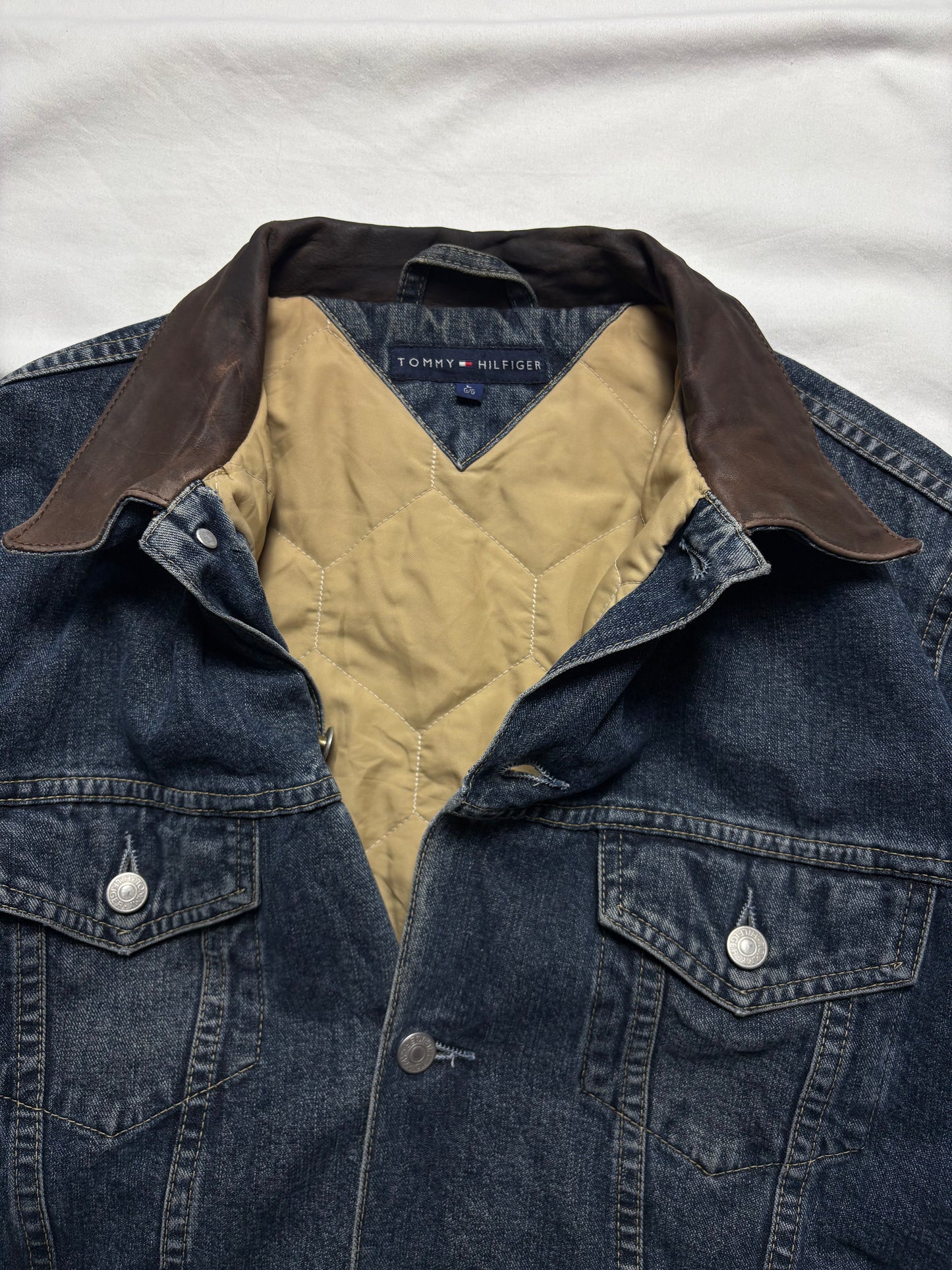 Vintage Tommy Hilfiger Dark Denim Leather Collar Jacket (L)9