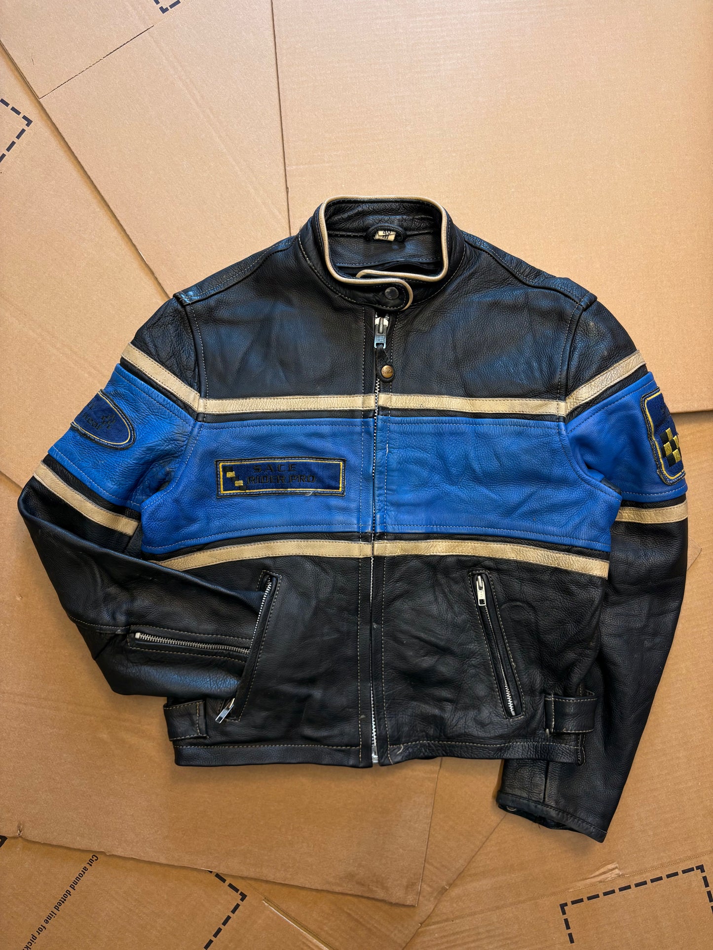 Vintage Leather Black + Blue Biker Jacket (women's M)