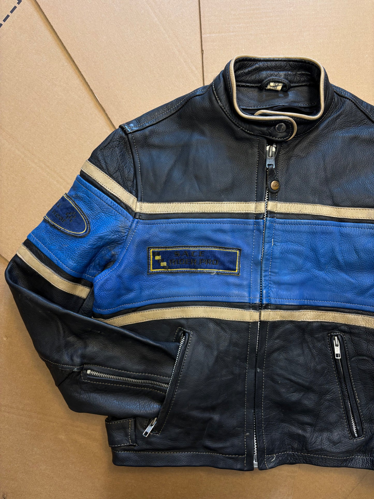 Vintage Leather Black + Blue Biker Jacket (women's M)
