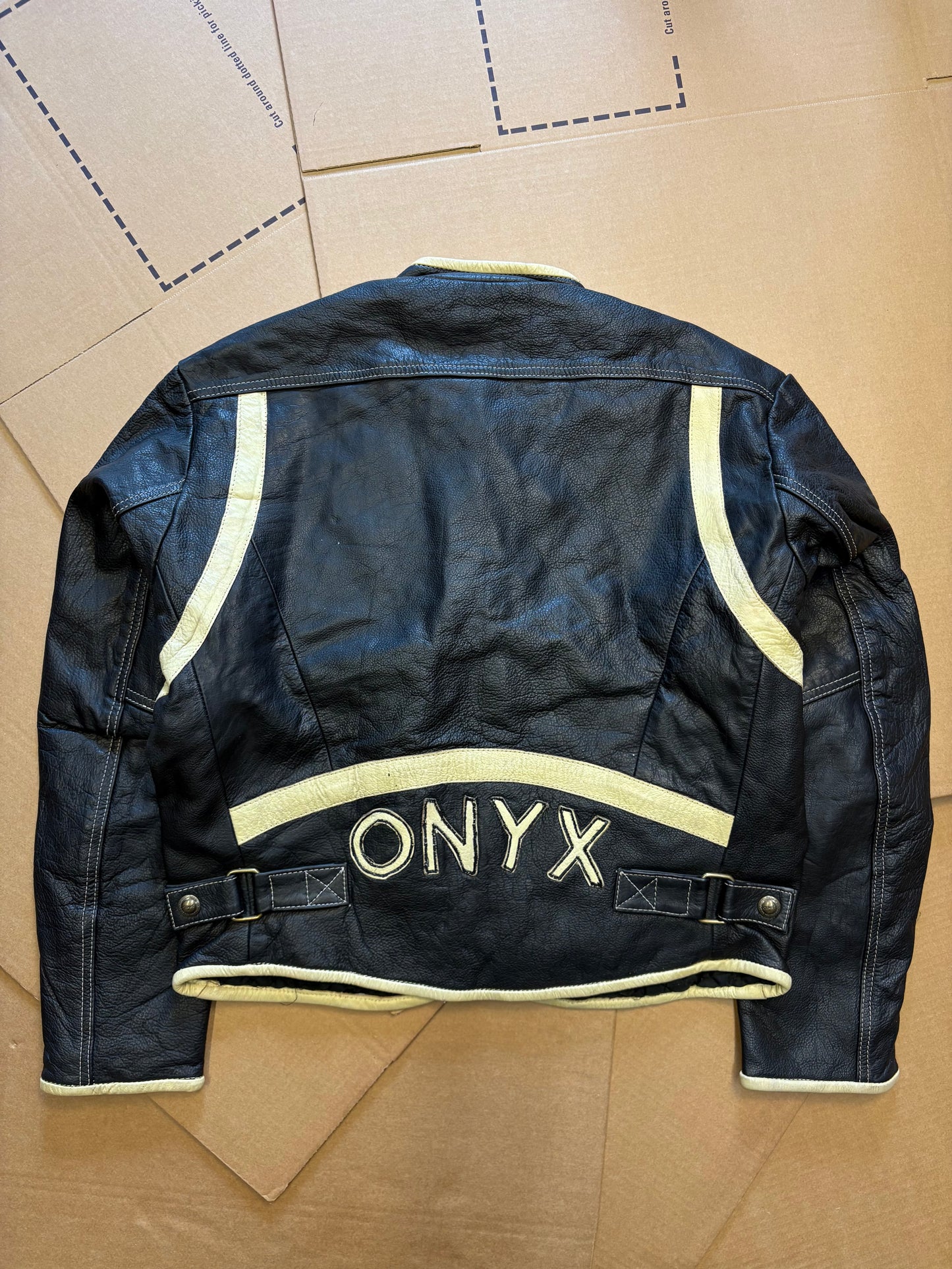 Vintage ONYX Spellout Black Leather Biker Jacket (women's M)