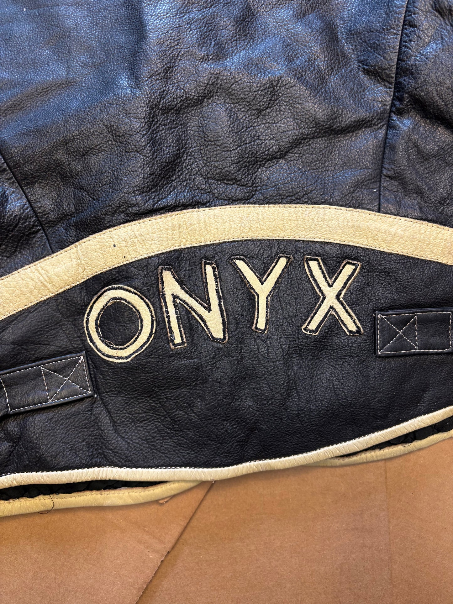 Vintage ONYX Spellout Black Leather Biker Jacket (women's M)