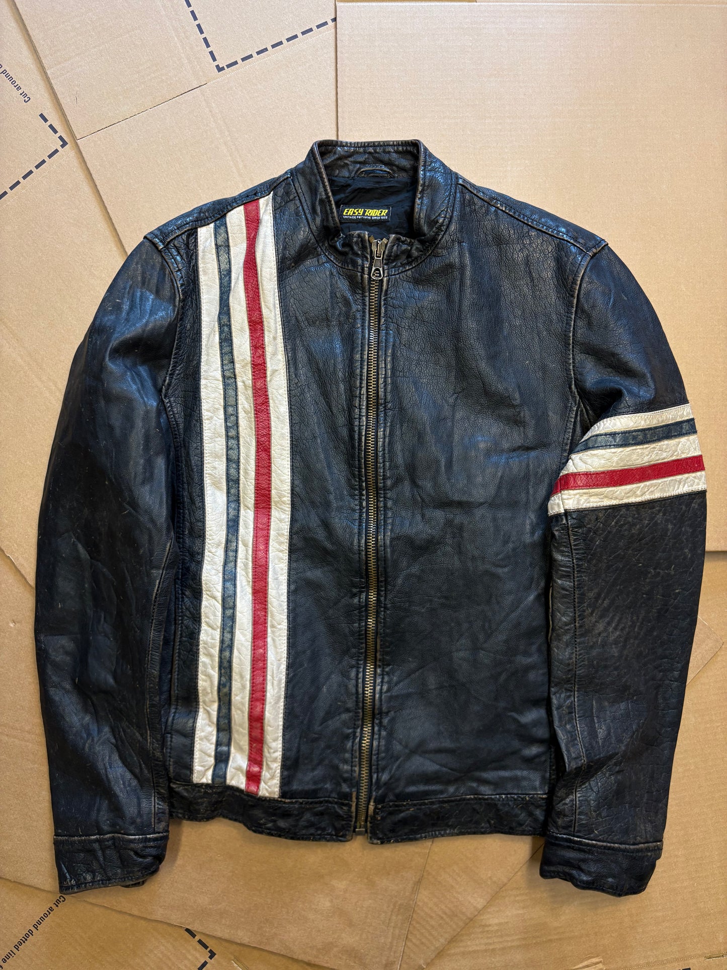 Vintage Italian Black Racing Stripe Leather Jacket (M)