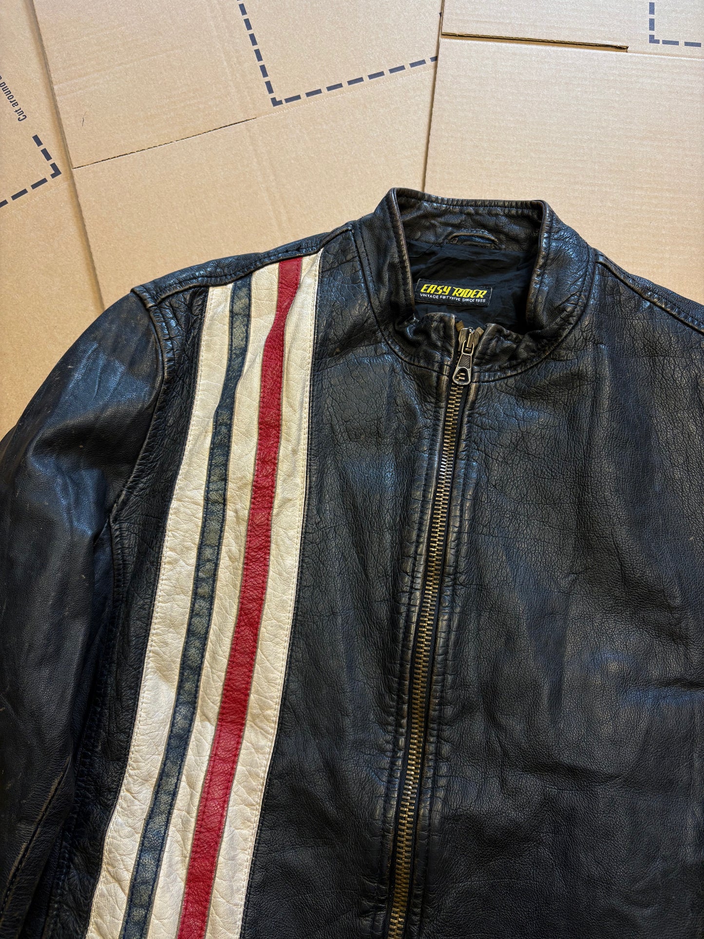 Vintage Italian Black Racing Stripe Leather Jacket (M)