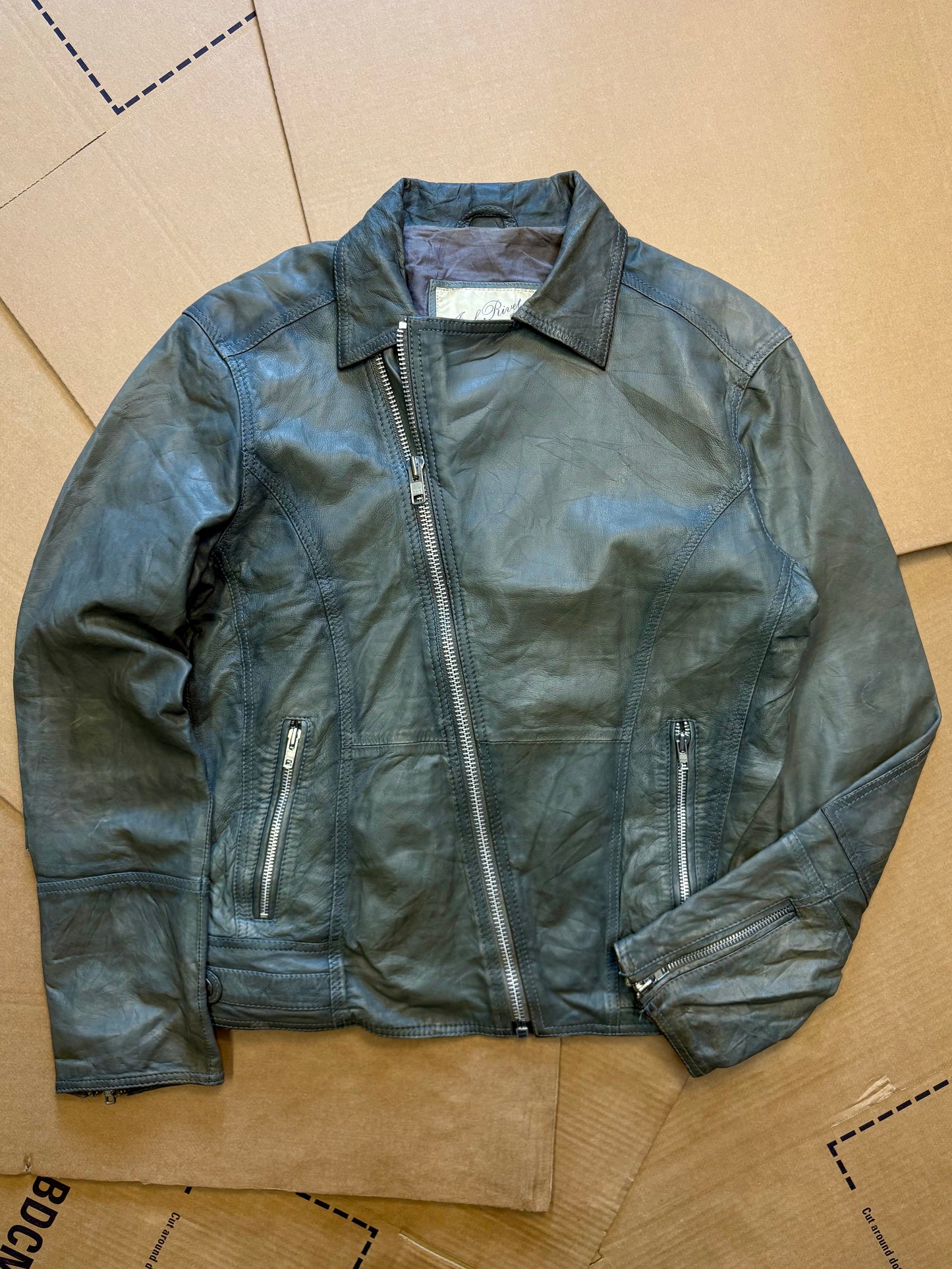 Vintage Asymmetrical Zip Wash Green Leather Jacket (women's S)