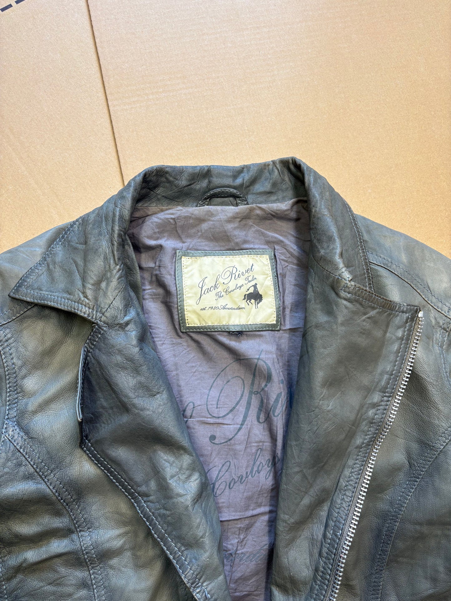 Vintage Asymmetrical Zip Wash Green Leather Jacket (women's S)