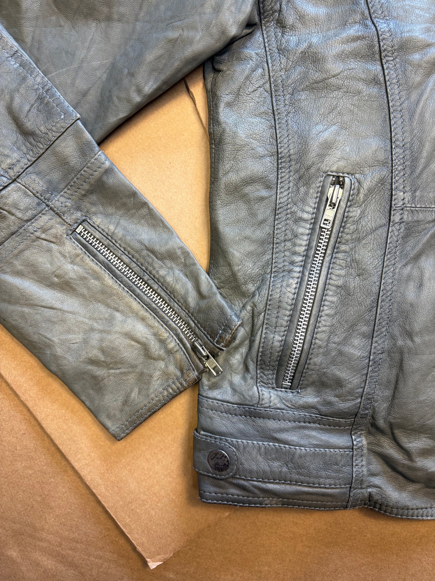 Vintage Asymmetrical Zip Wash Green Leather Jacket (women's S)