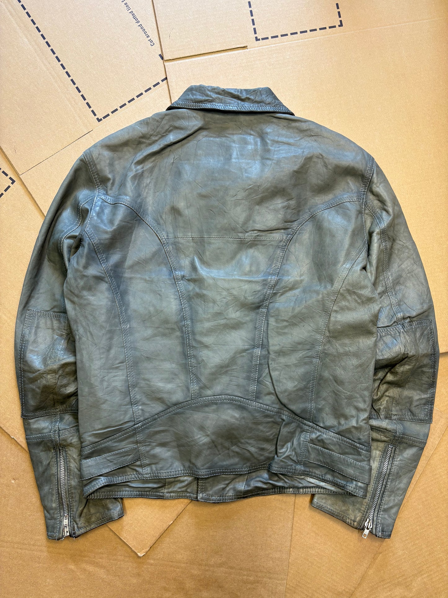Vintage Asymmetrical Zip Wash Green Leather Jacket (women's S)