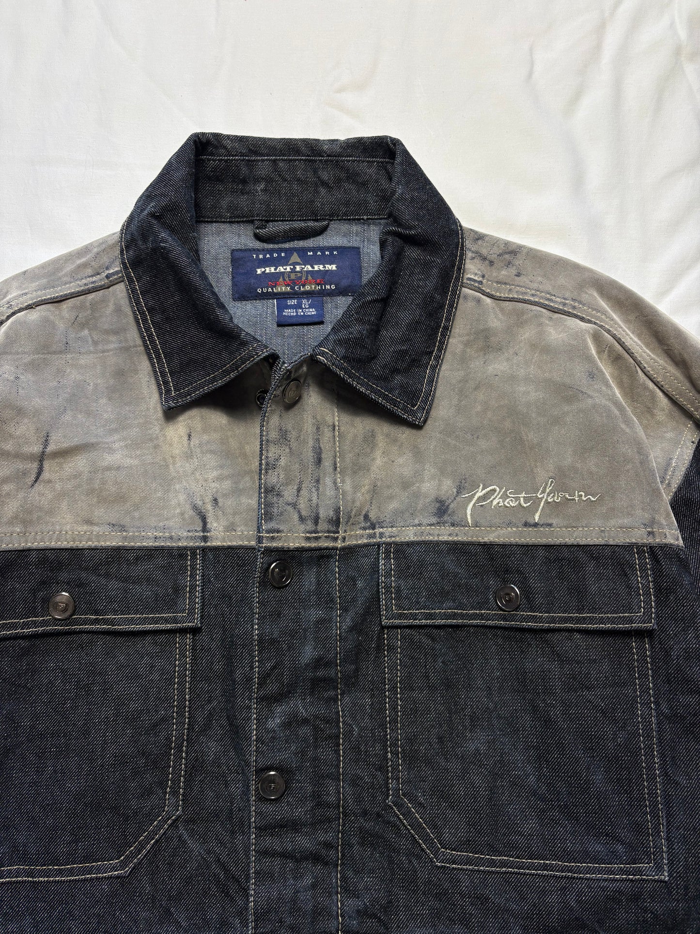 Vintage Phat Farm Suede + Dark Denim Trucker Jacket (XL)