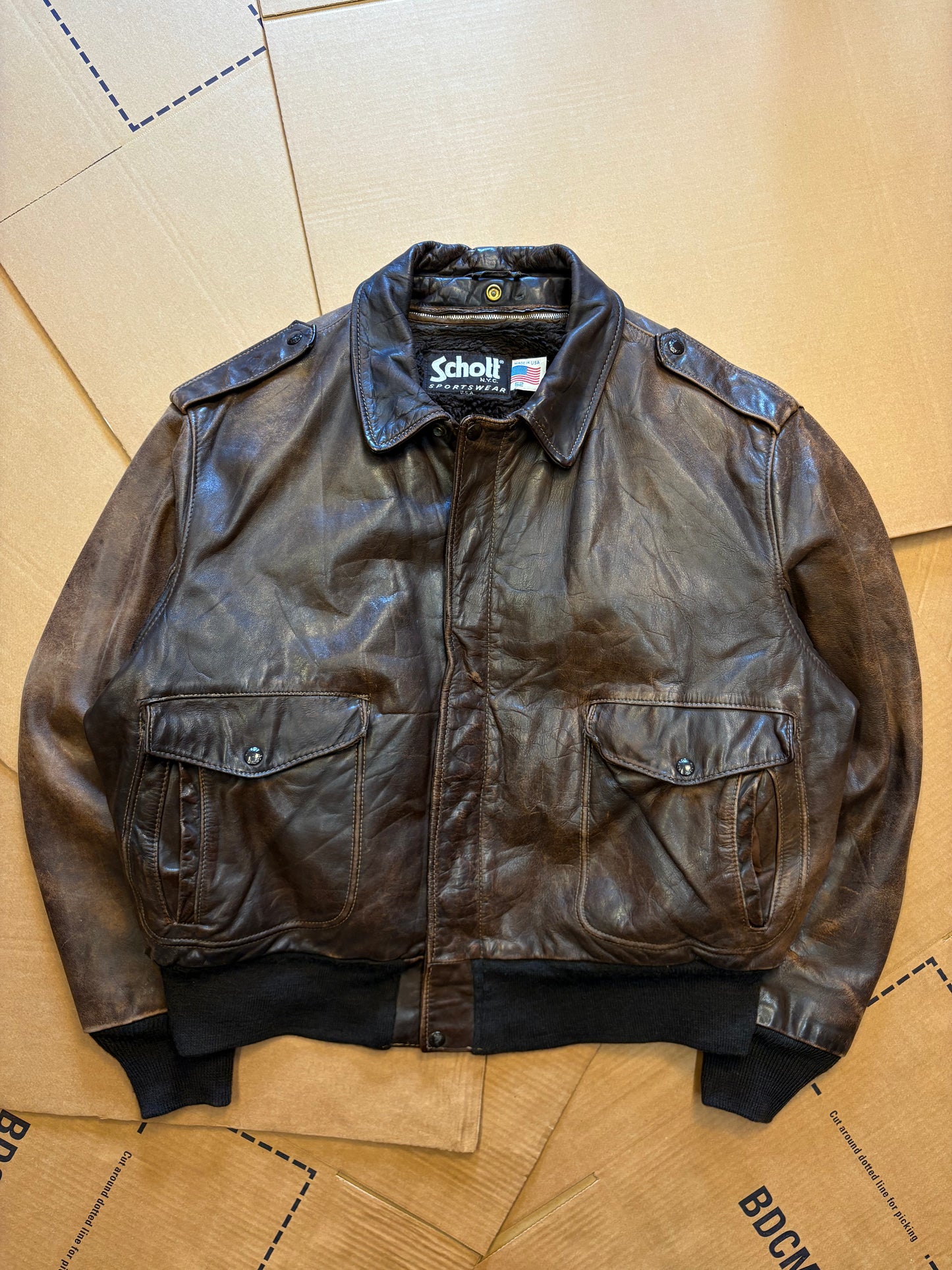 Vintage Schott A-2 Flight Fur Lined Brown Leather Jacket (XL)