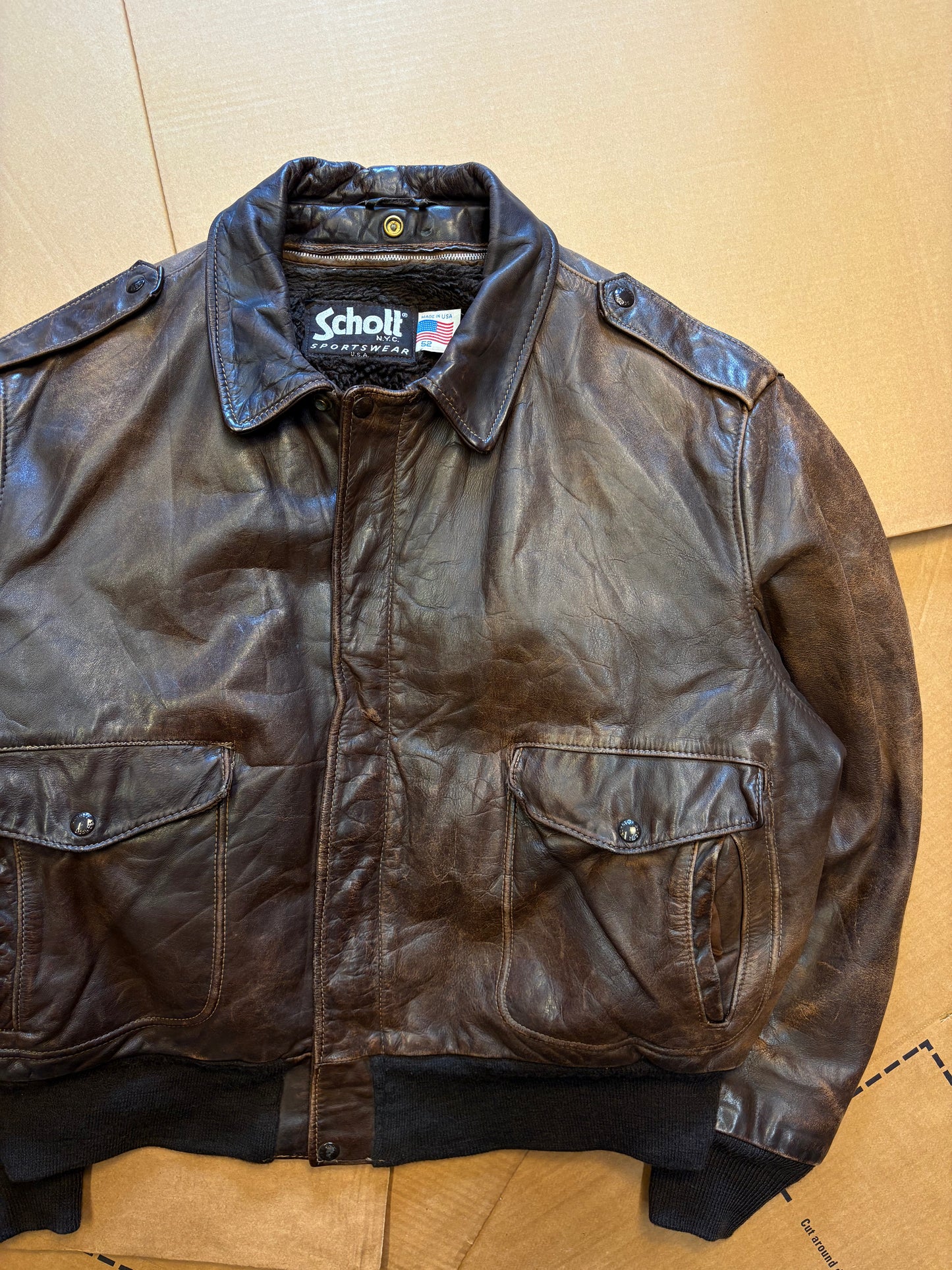 Vintage Schott A-2 Flight Fur Lined Brown Leather Jacket (XL)