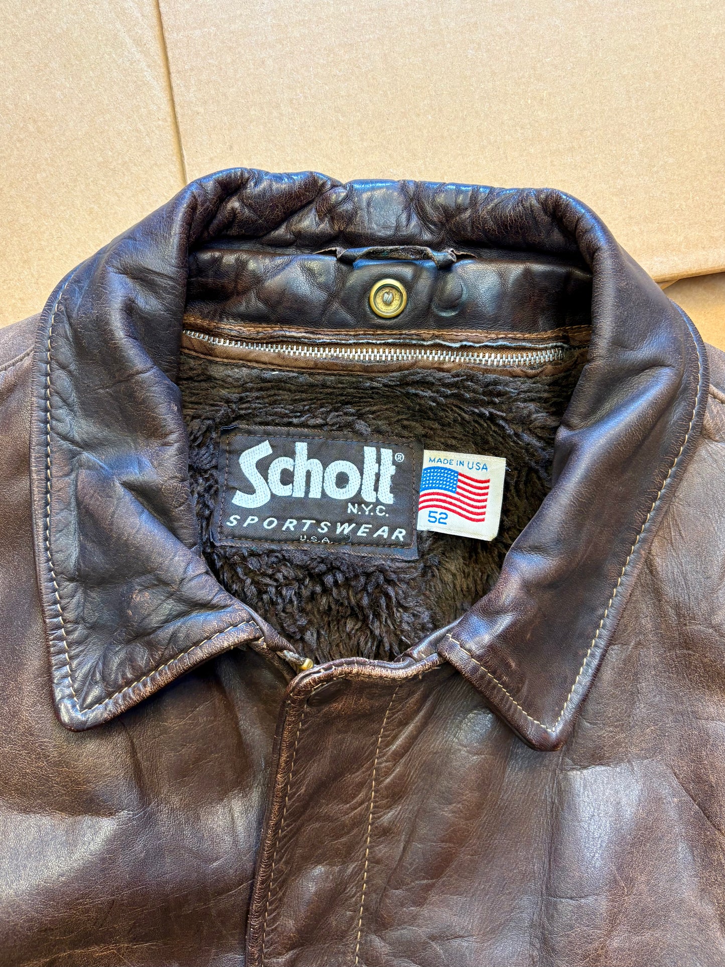 Vintage Schott A-2 Flight Fur Lined Brown Leather Jacket (XL)