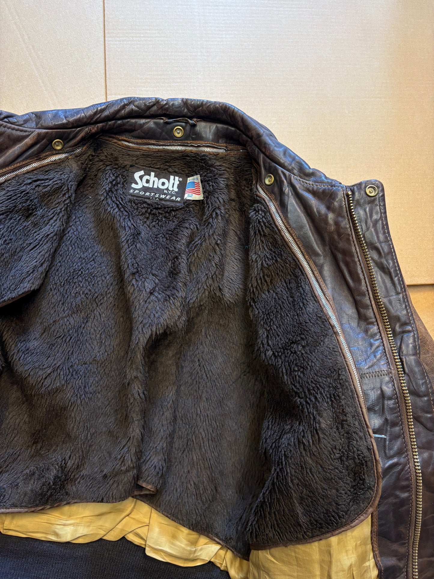 Vintage Schott A-2 Flight Fur Lined Brown Leather Jacket (XL)