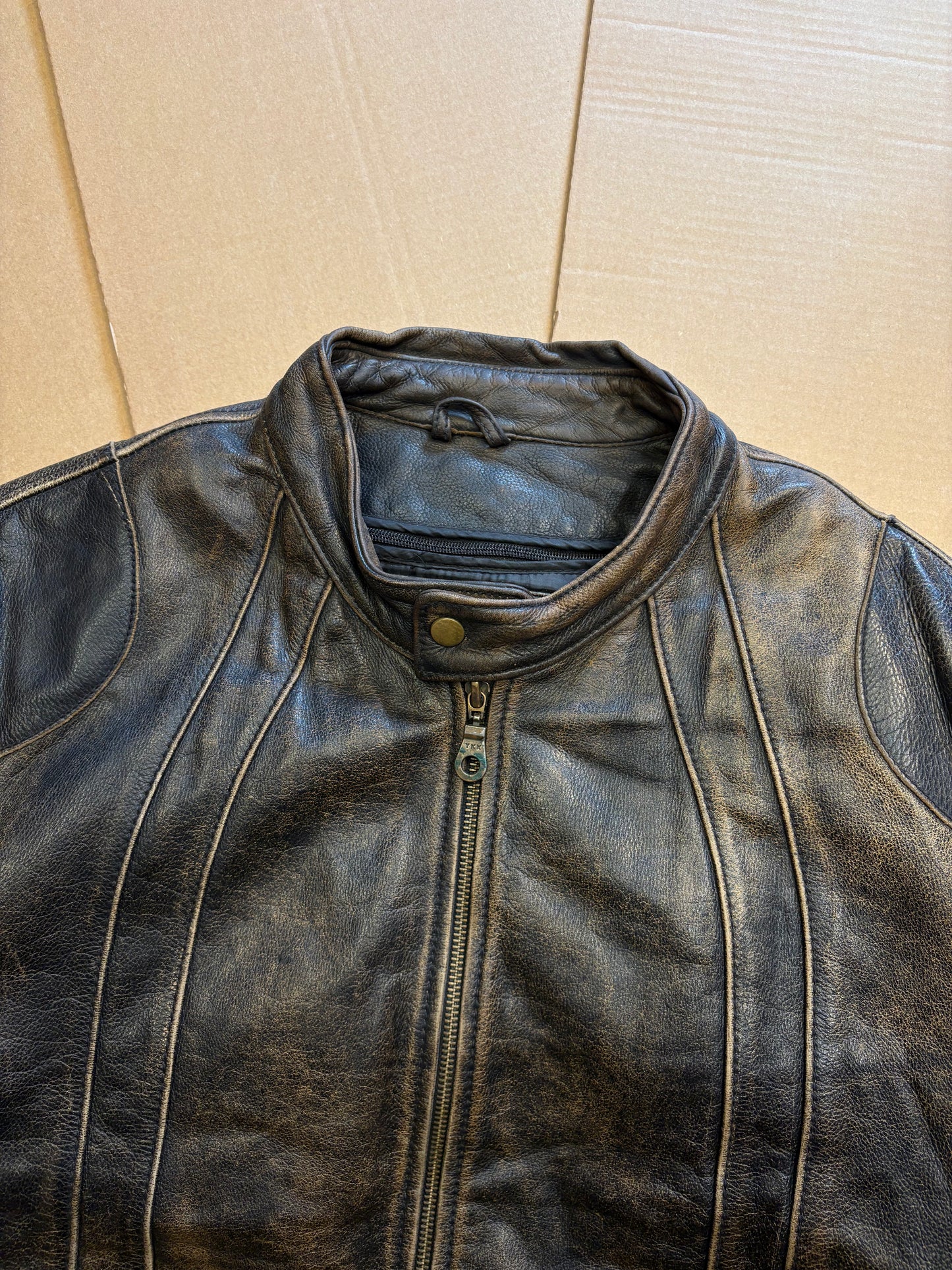 Vintage Italian Brown + Black Biker Leather Jacket (XL)