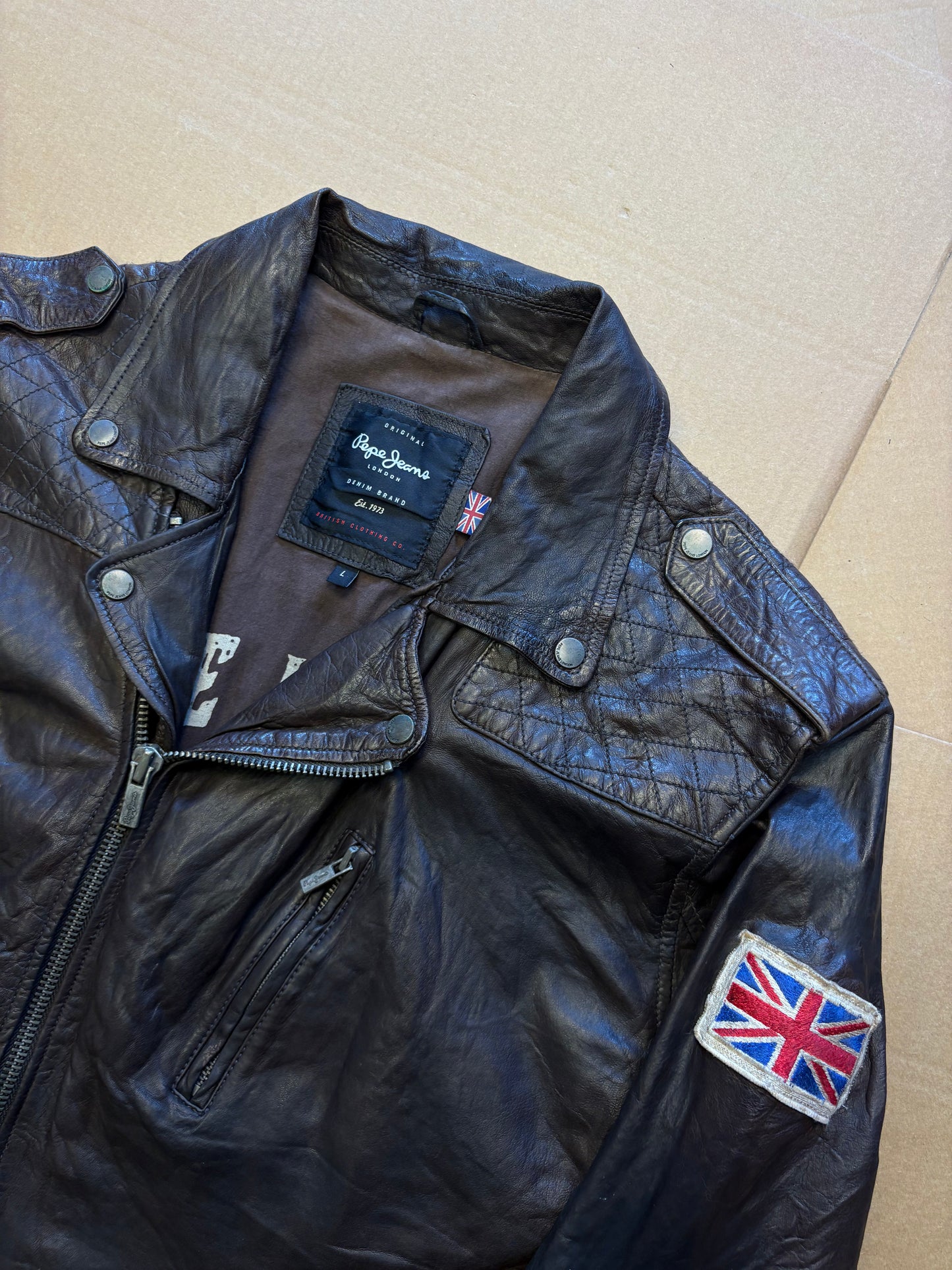 Vintage Pepe Jeans Asymmetrical Zip Black Leather Jacket (women's L)