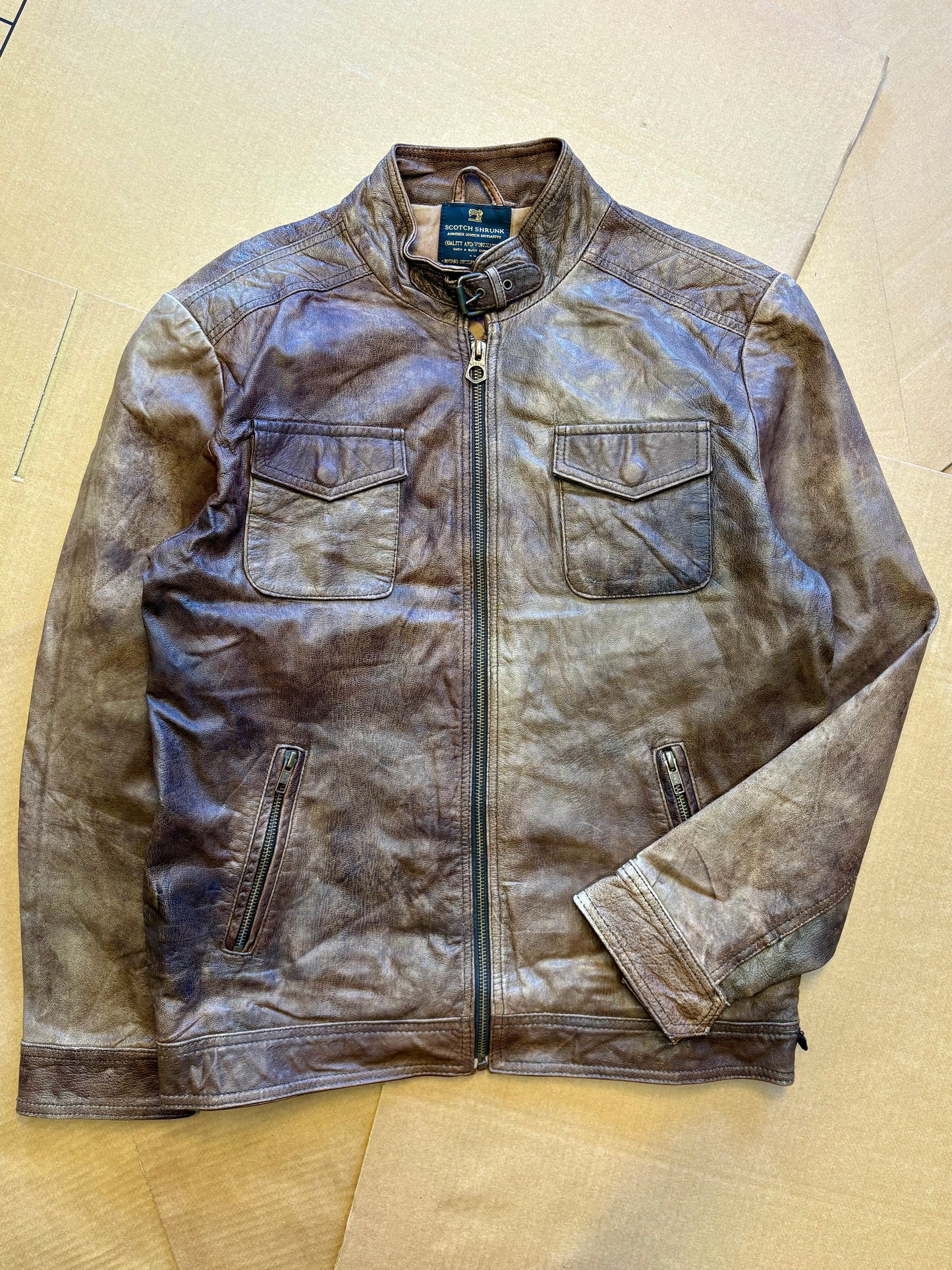 Vintage Washed Brown Zip-up Leather Jacket (women's M)