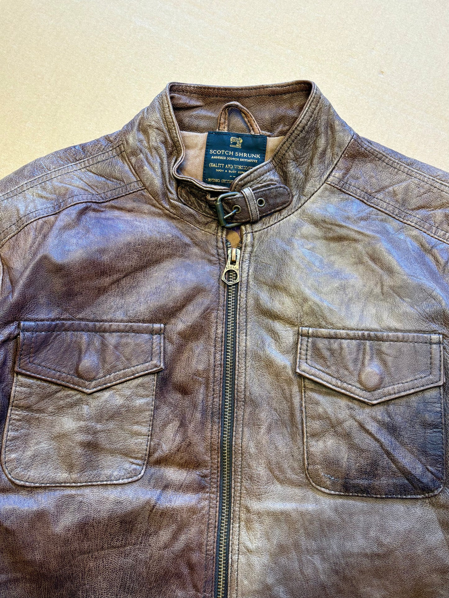Vintage Washed Brown Zip-up Leather Jacket (women's M)