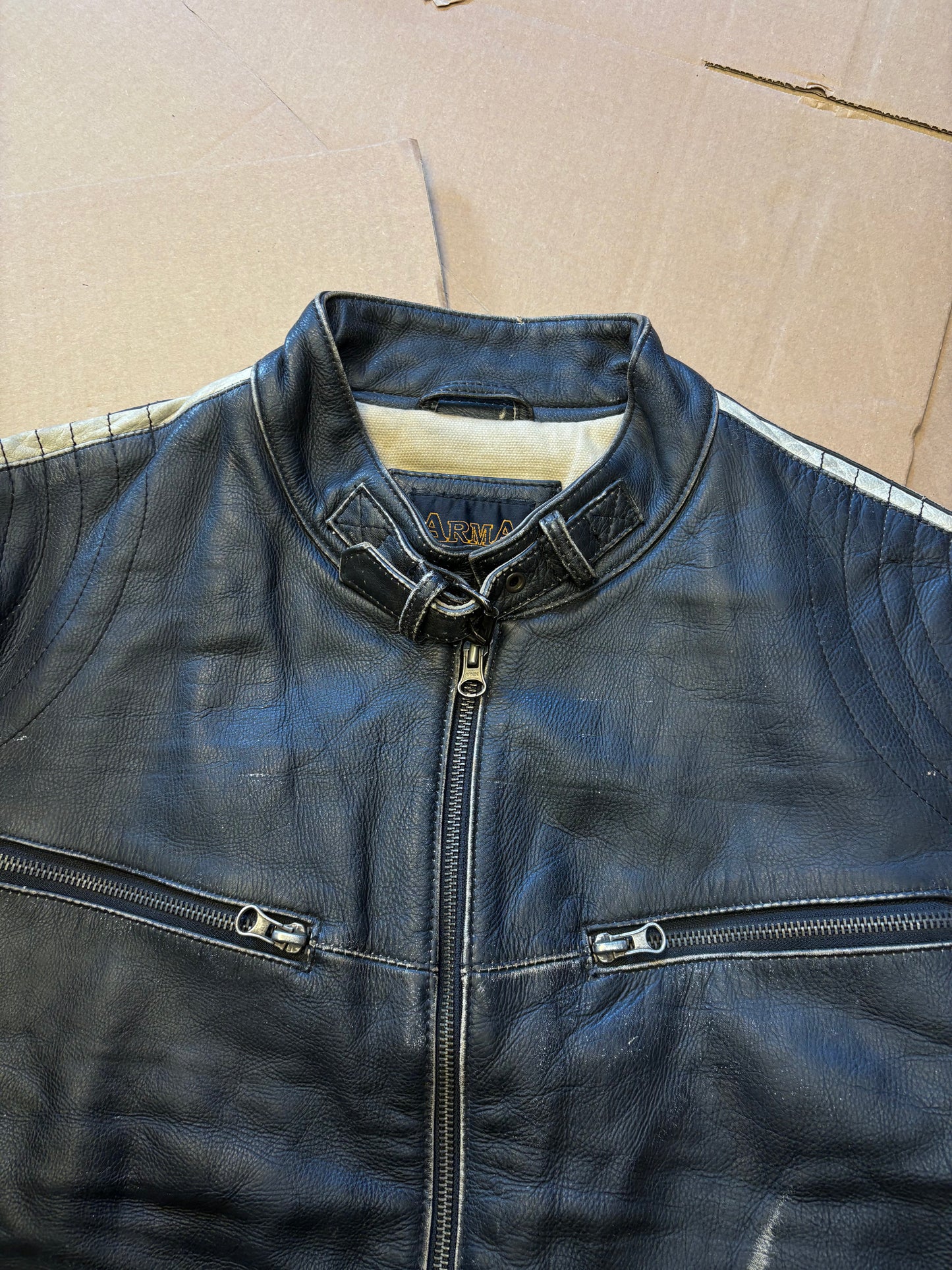 Vintage Italian Black Racing Motorcycle Leather Jacket (M)