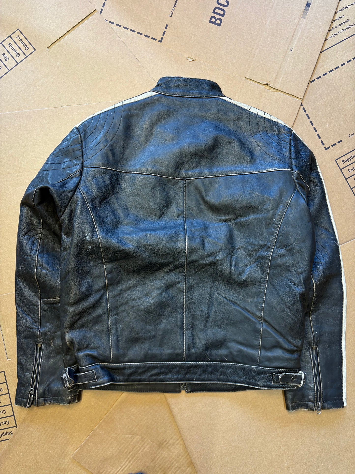 Vintage Italian Black Racing Motorcycle Leather Jacket (M)