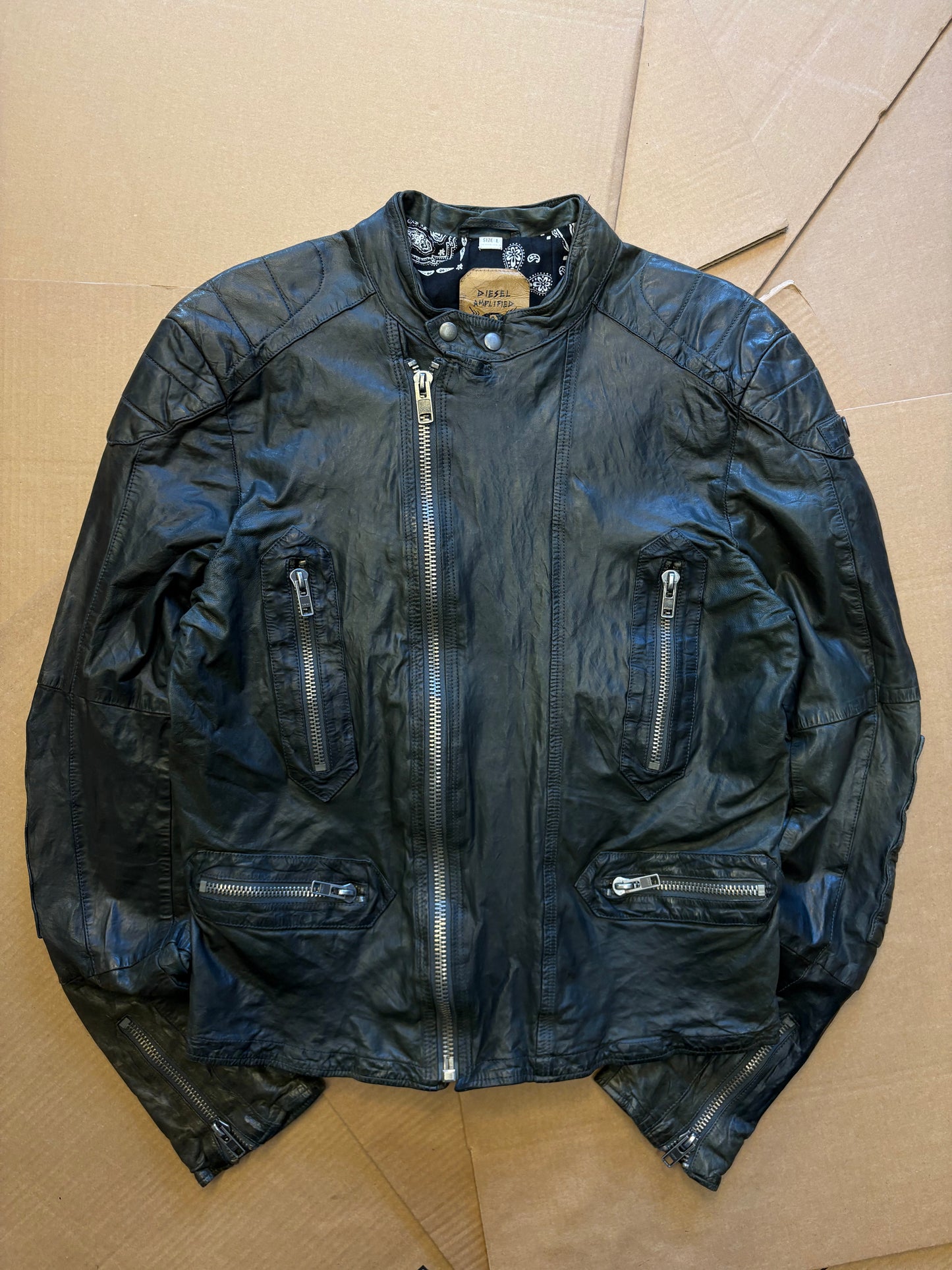 Vintage Diesel Asymmetrical Zip Black Leather Jacket (women's L)