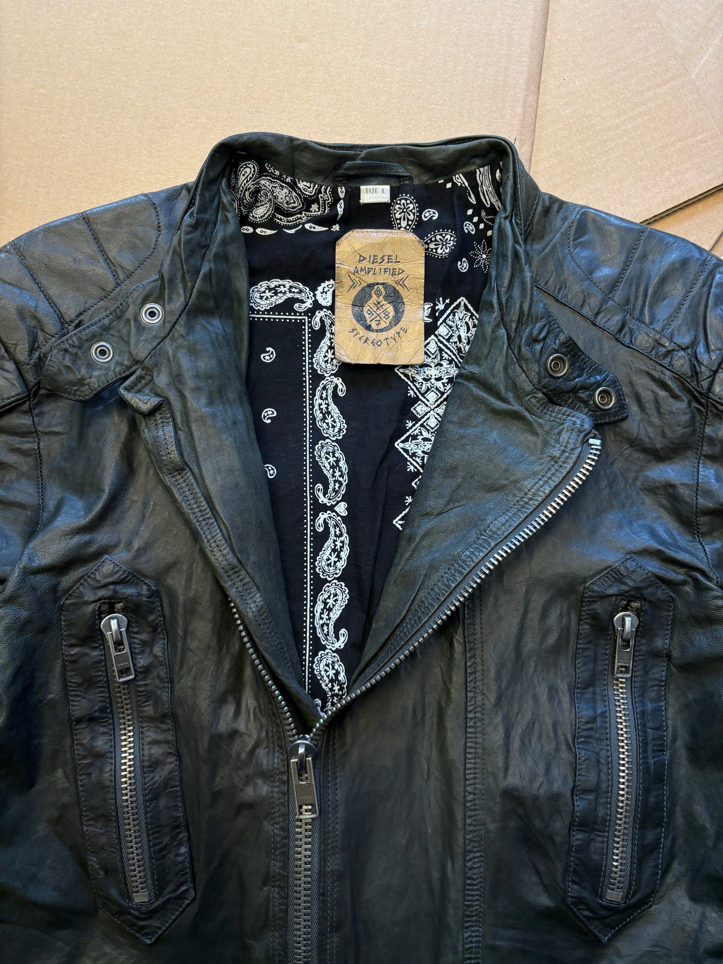Vintage Diesel Asymmetrical Zip Black Leather Jacket (women's L)