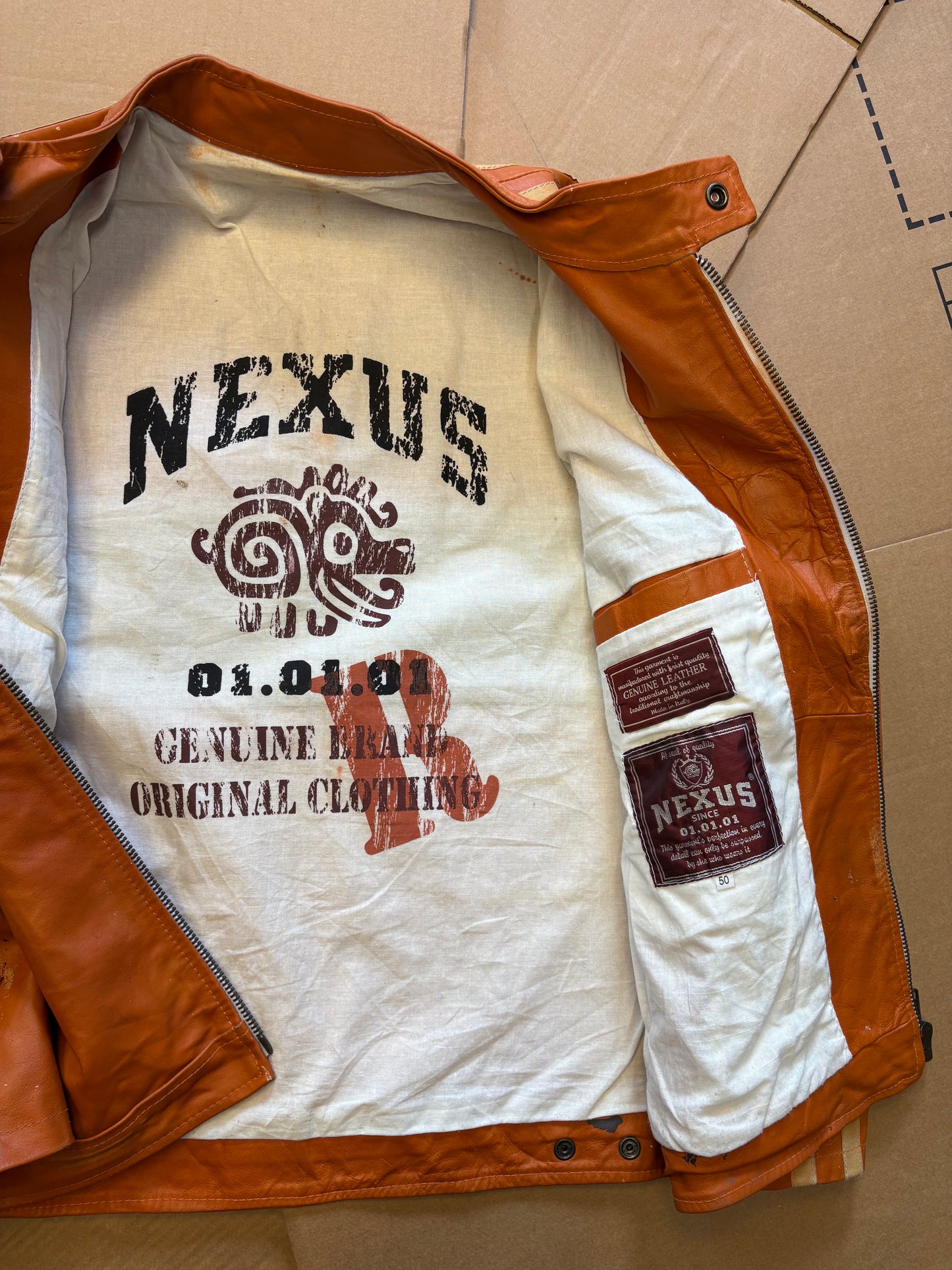 Vintage Nexus Orange Racing Motorcycle Leather Jacket (women's M)