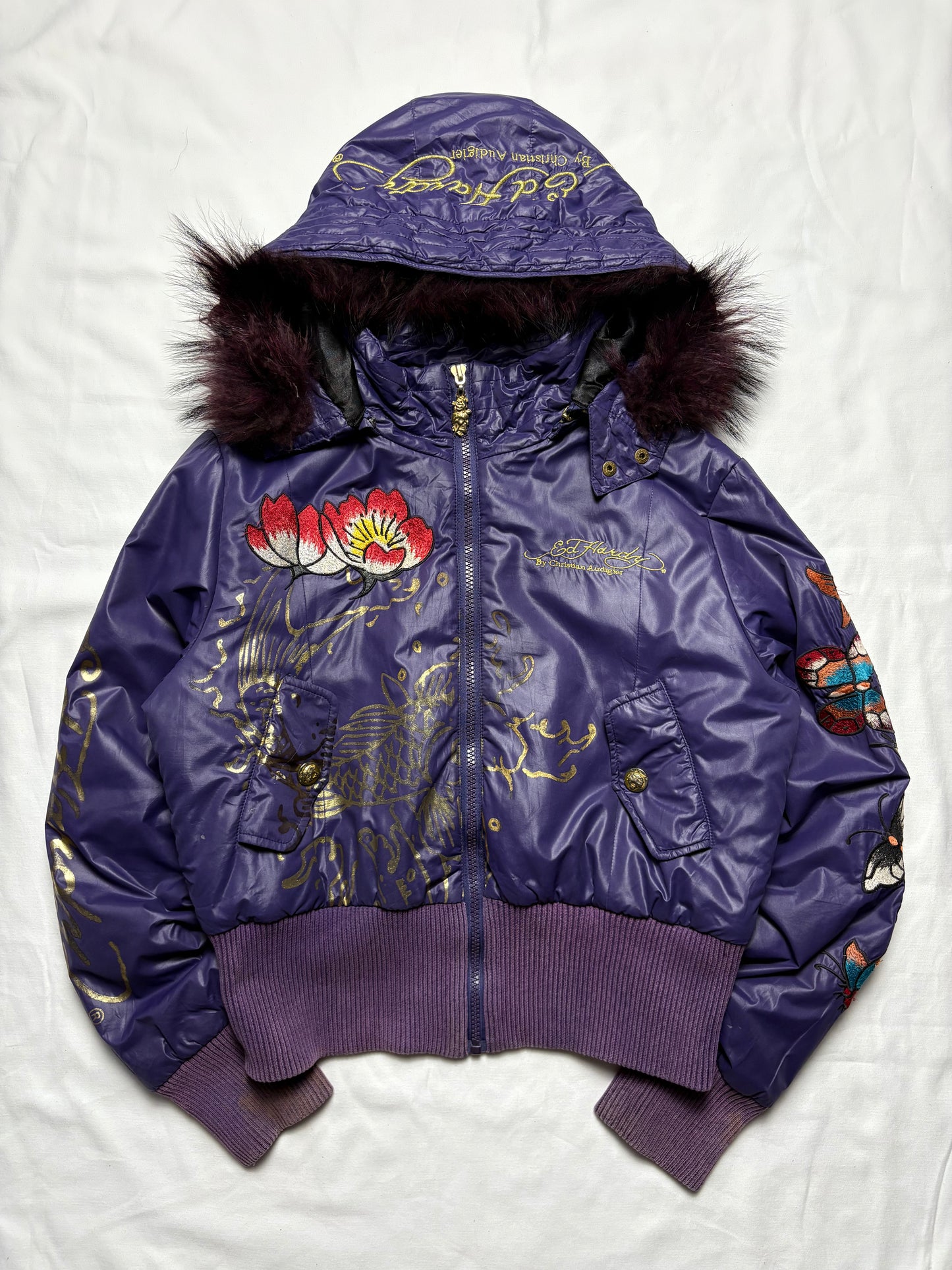 Ed Hardy 2000s Embroidered Purple Puffer Jacket (women's M)