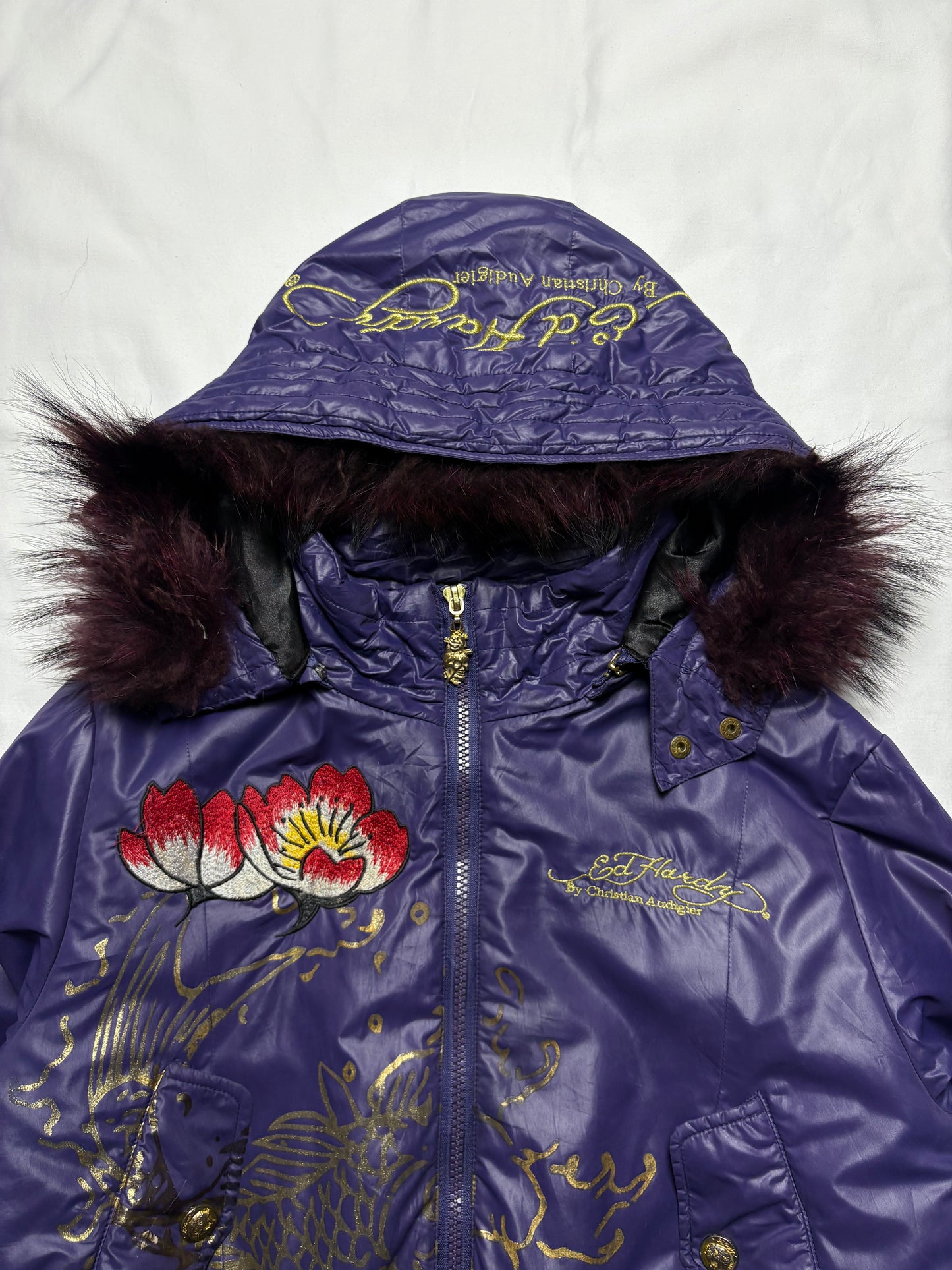 Ed Hardy 2000s Embroidered Purple Puffer Jacket (women's M)
