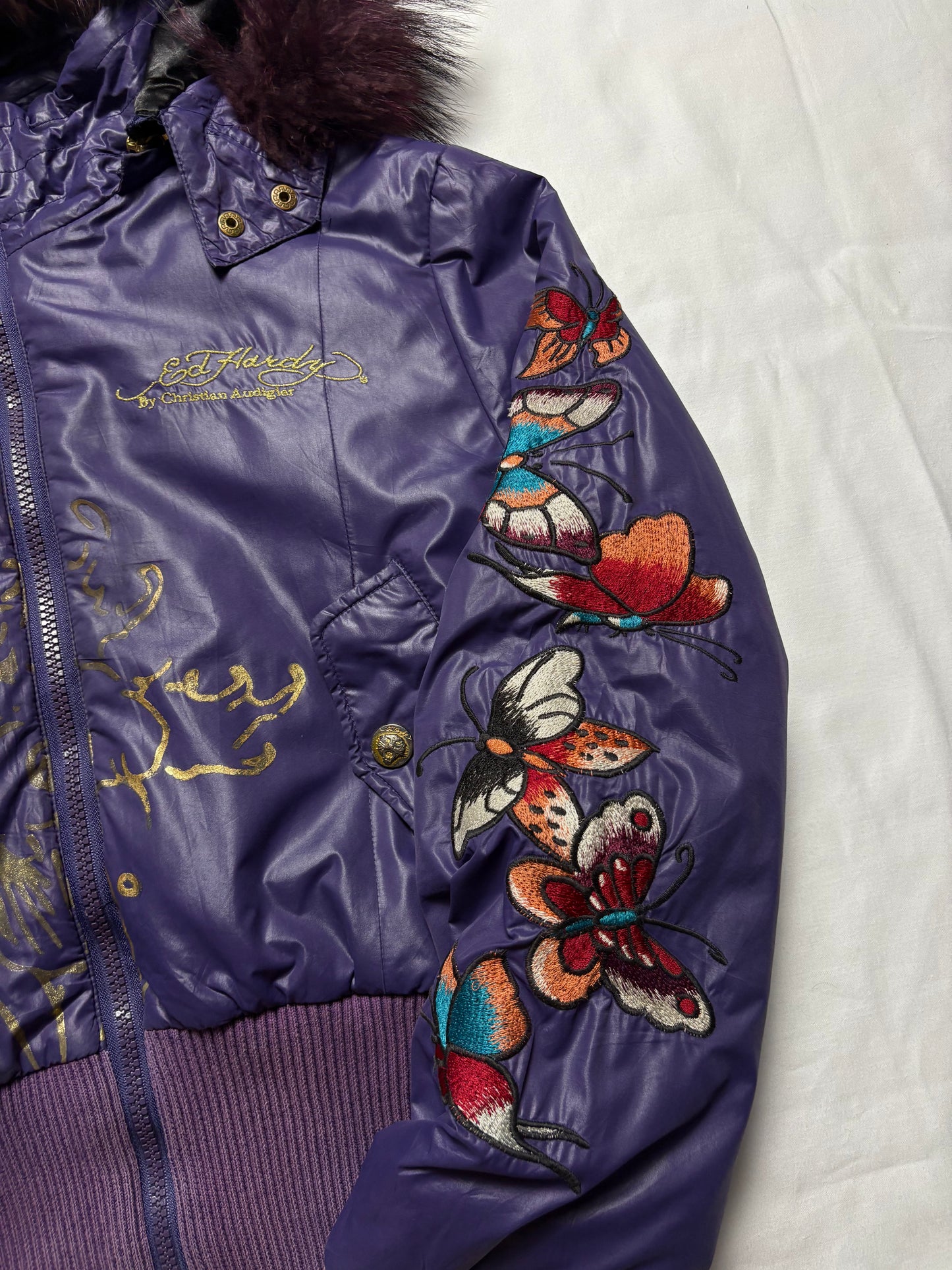 Ed Hardy 2000s Embroidered Purple Puffer Jacket (women's M)