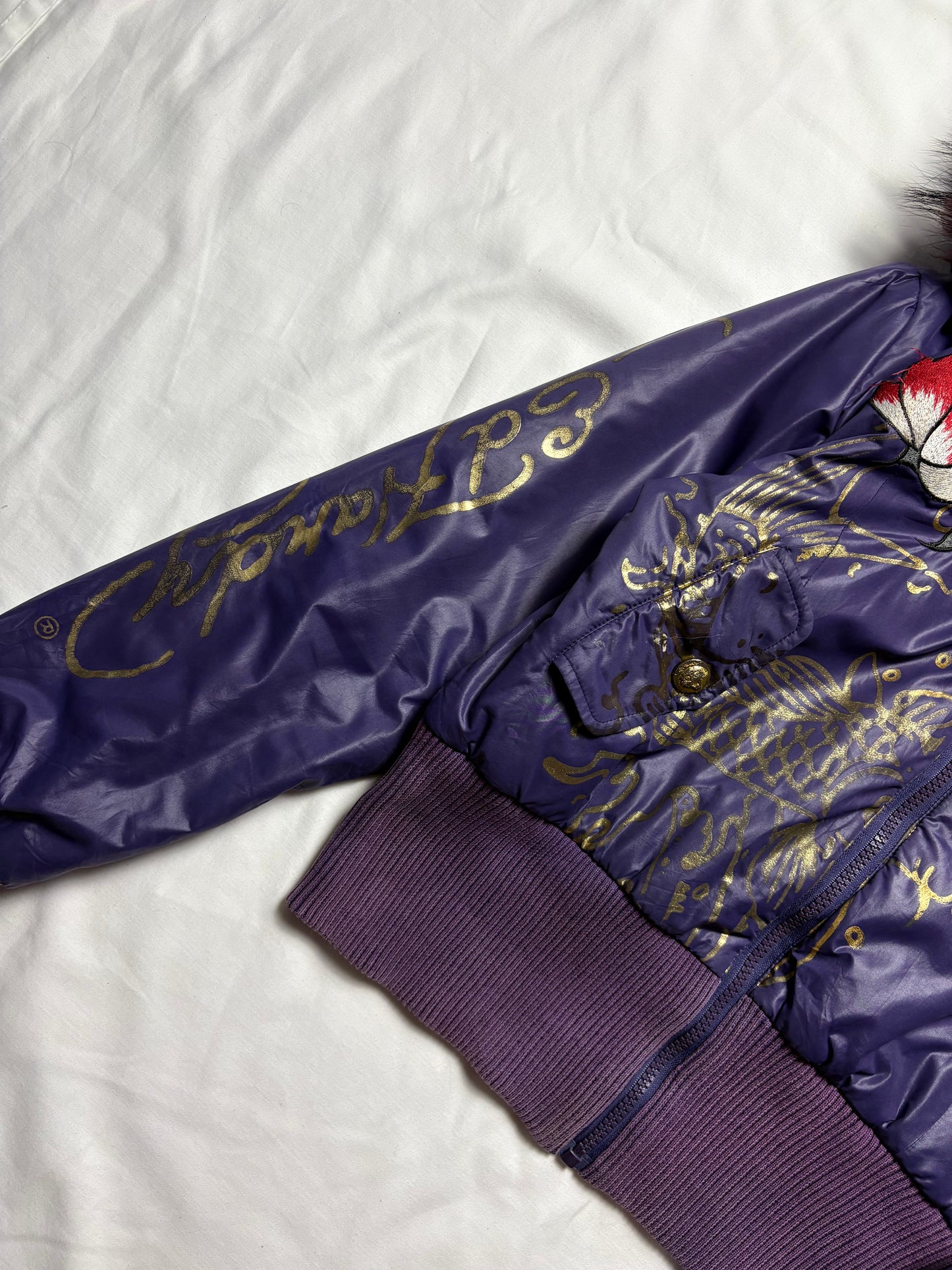 Ed Hardy 2000s Embroidered Purple Puffer Jacket (women's M)