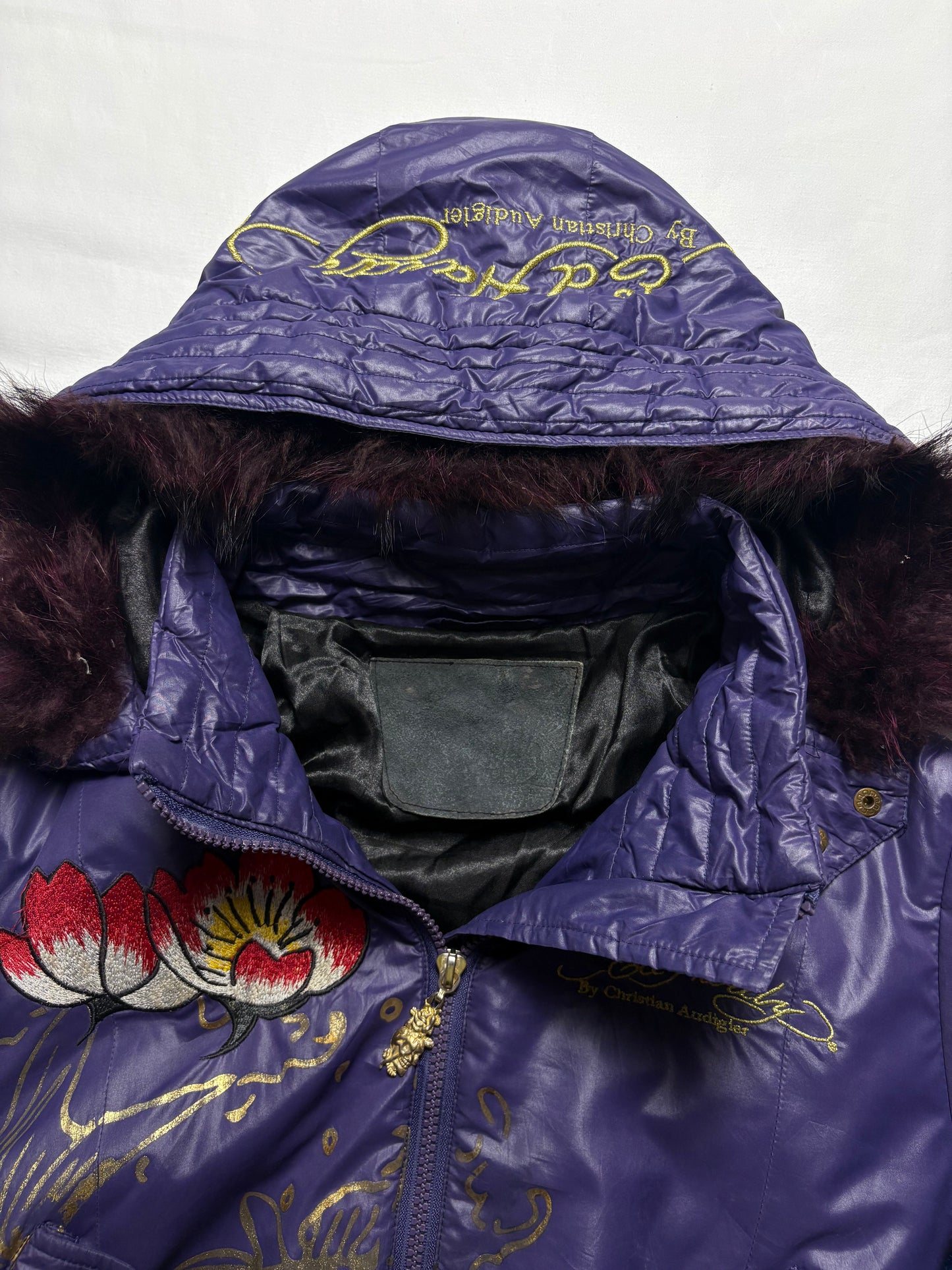 Ed Hardy 2000s Embroidered Purple Puffer Jacket (women's M)