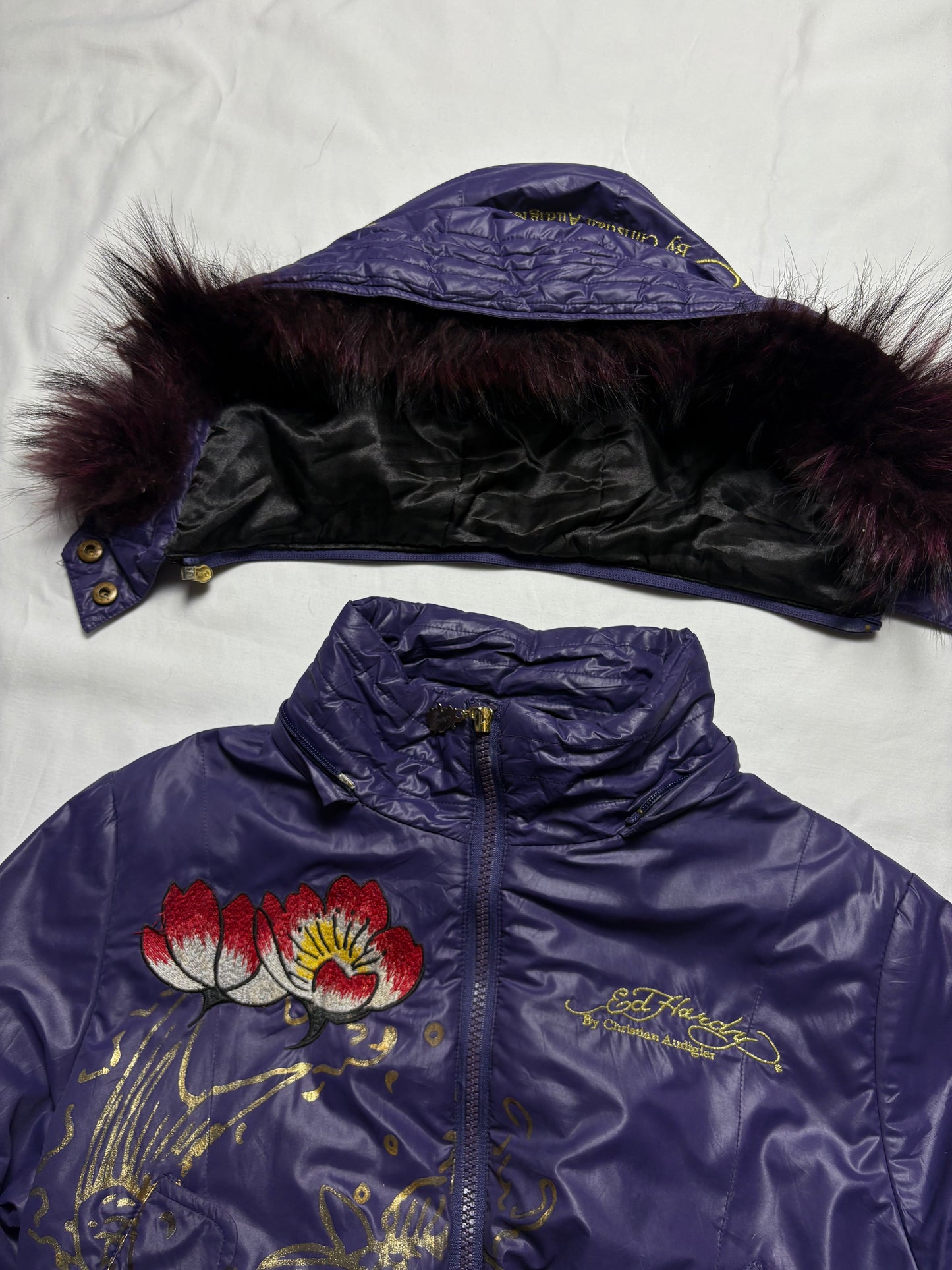 Ed Hardy 2000s Embroidered Purple Puffer Jacket (women's M)