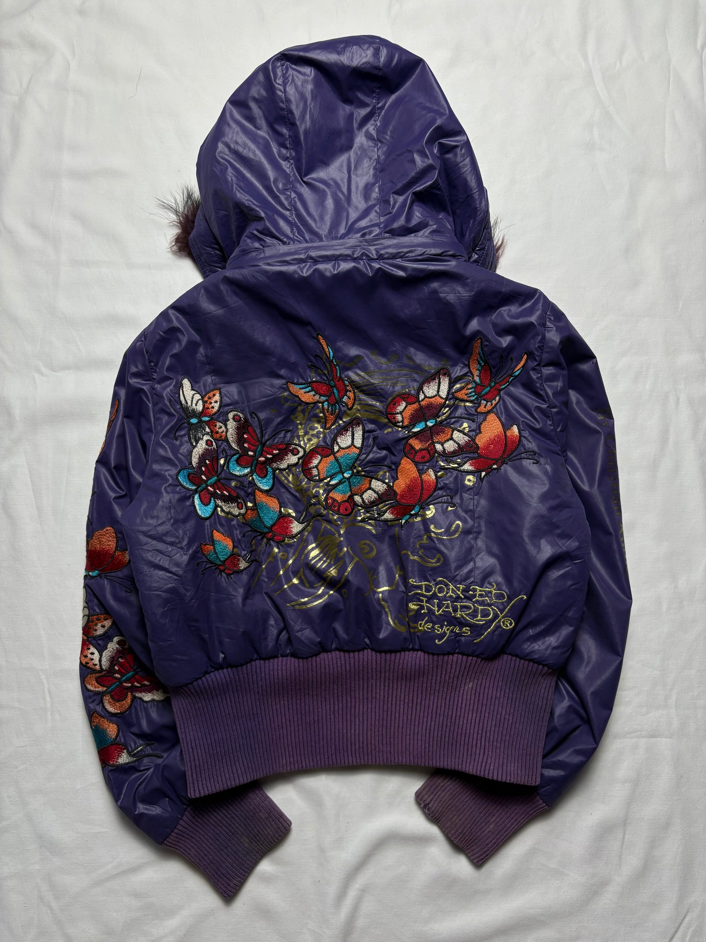 Ed Hardy 2000s Embroidered Purple Puffer Jacket (women's M)