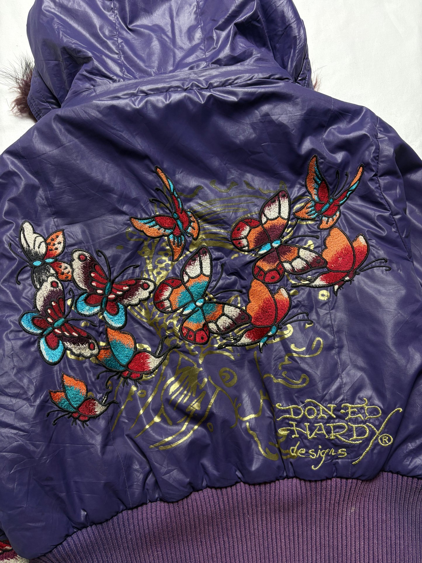 Ed Hardy 2000s Embroidered Purple Puffer Jacket (women's M)