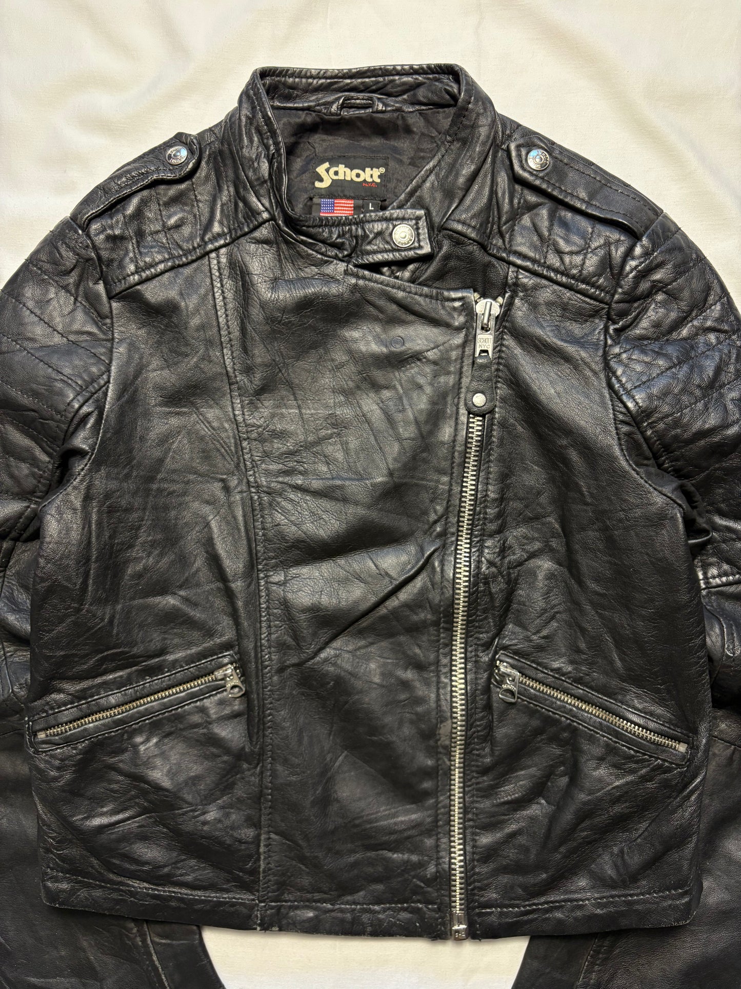 Vintage Schott NYC 90s Black Leather Motorcycle Jacket (women's L)