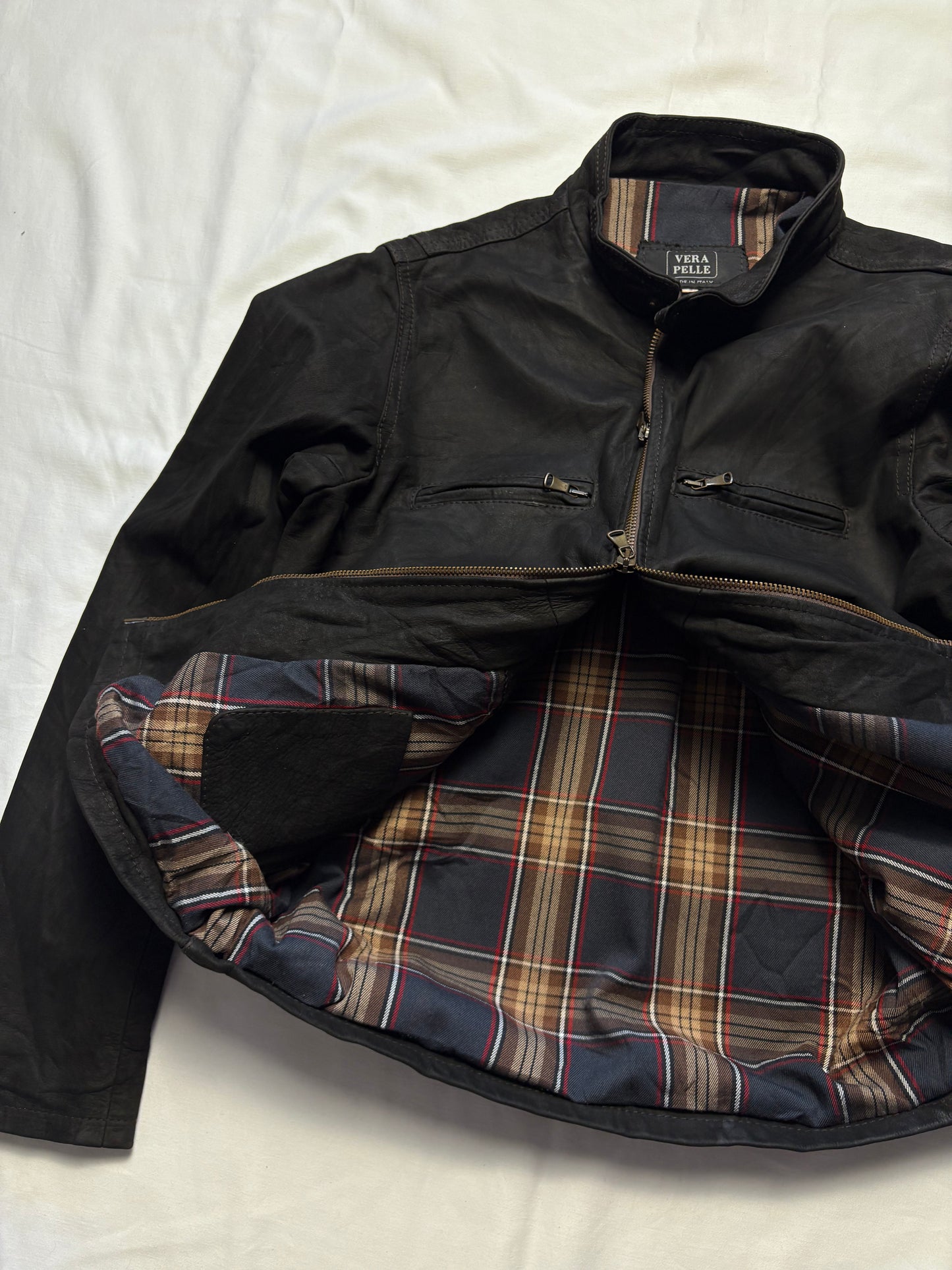 Vintage Vera Pelle 90s Double Zip Black Leather Jacket (S)