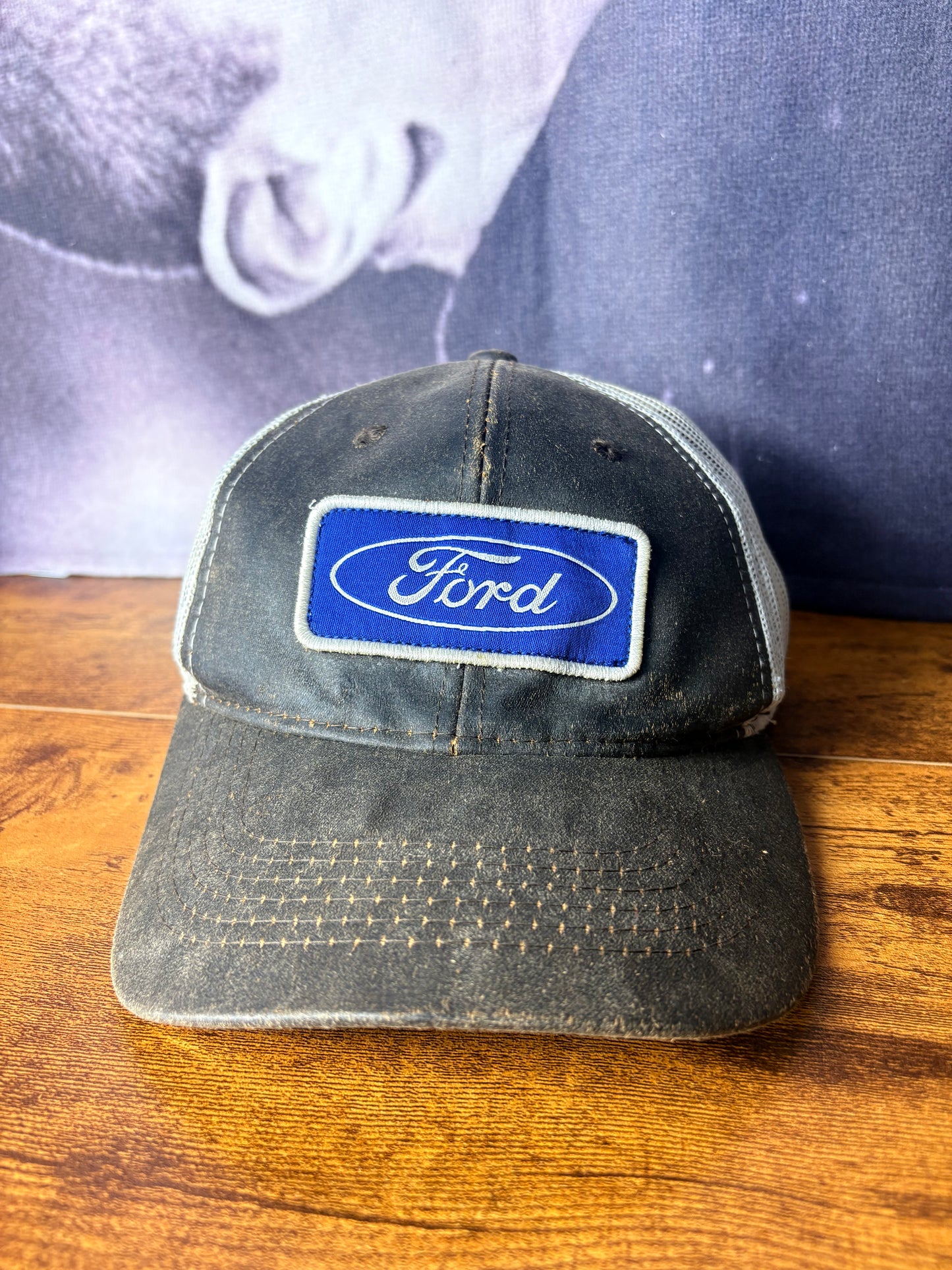 Vintage Ford 90s Leather Brown + White Trucker Hat