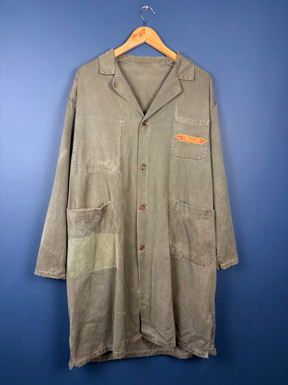 True Vintage 1950s Khaki Green Patched Long French Work Jacket (L)