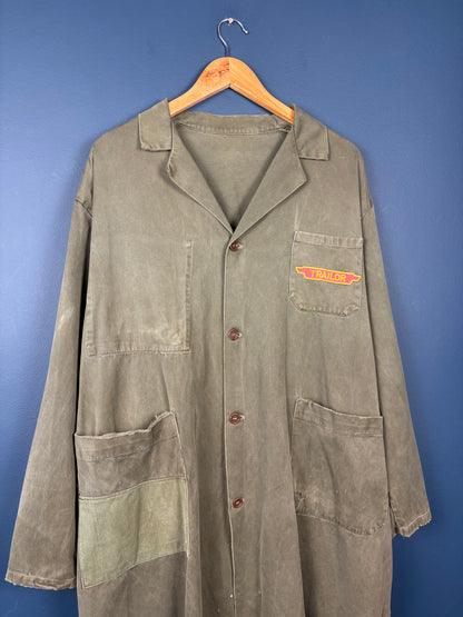 True Vintage 1950s Khaki Green Patched Long French Work Jacket (L)