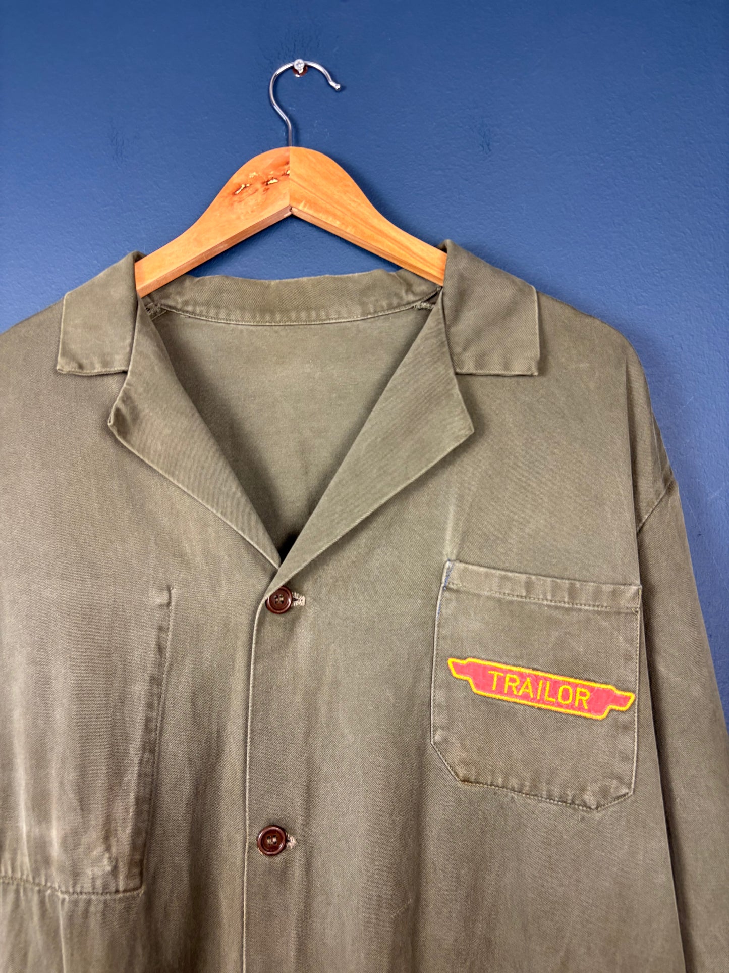 True Vintage 1950s Khaki Green Patched Long French Work Jacket (L)