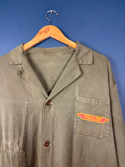 True Vintage 1950s Khaki Green Patched Long French Work Jacket (L)