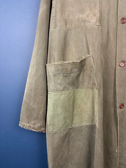 True Vintage 1950s Khaki Green Patched Long French Work Jacket (L)